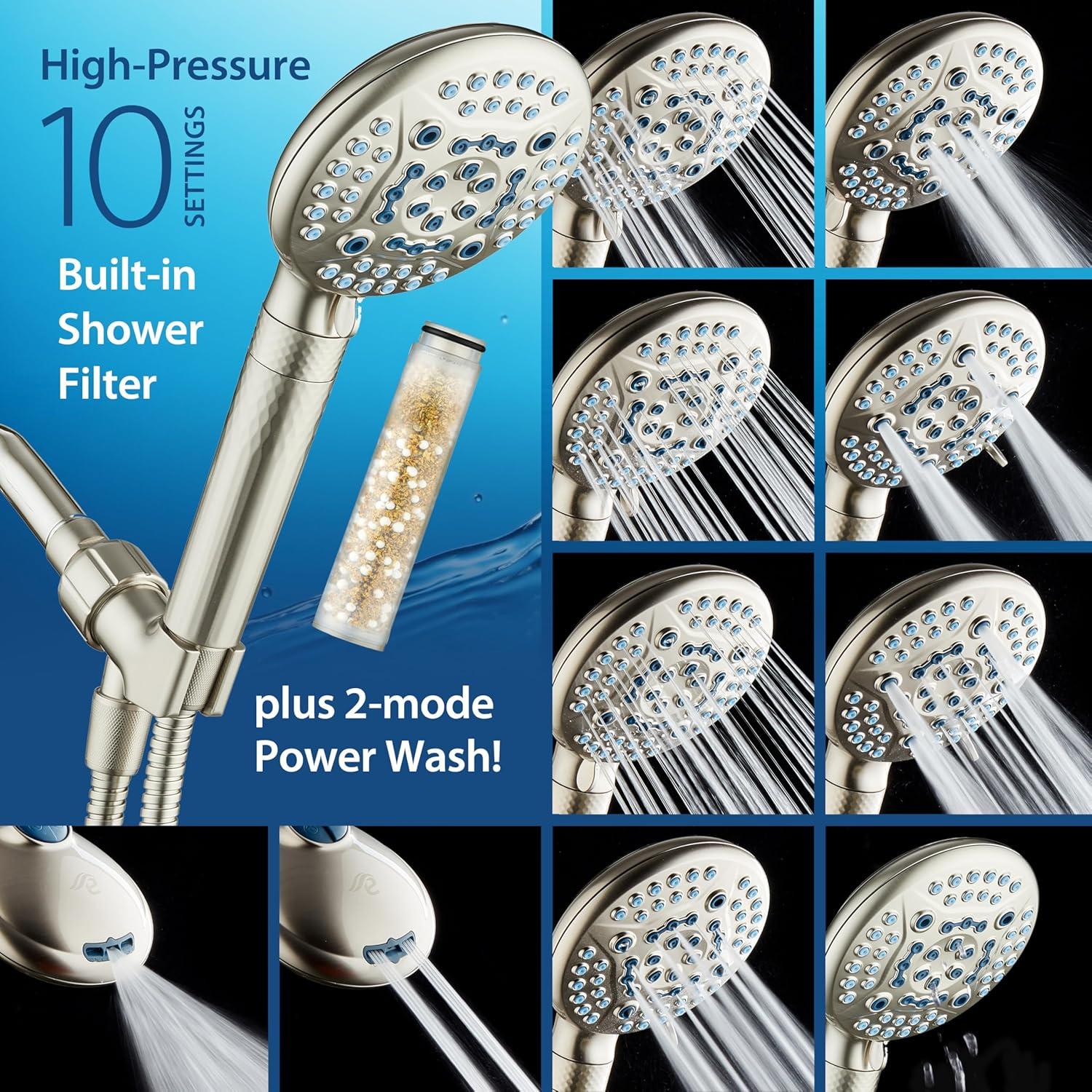 imageAquaCare 4X High Pressure 10mode Filter Handheld Shower Head with Dual Power Wash  Clean Tub Tile ampamp Pets Remove Chlorine Metals ampamp Toxins from Water to Protect Skin Hair ampamp Nails Nickel FinishSatin Nickel