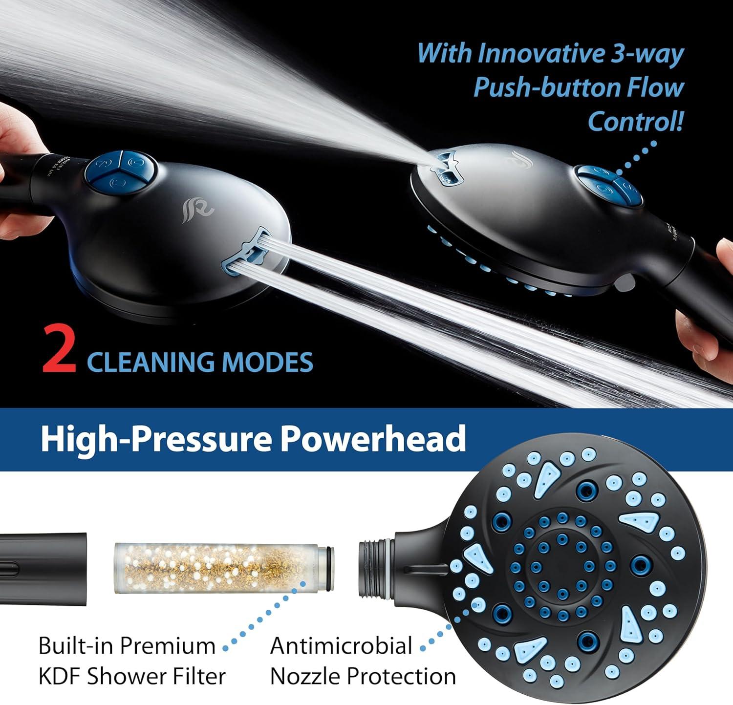 imageAquaCare High Pressure 10 Spray Mode Filtered Showerhead  Handheld Shower Head Filters Chlorine to Heal Dry Skin Revive Hair  Dual Power Wash Cleans Tub Tile Pets  Hard Water Softener BlackMatte Black