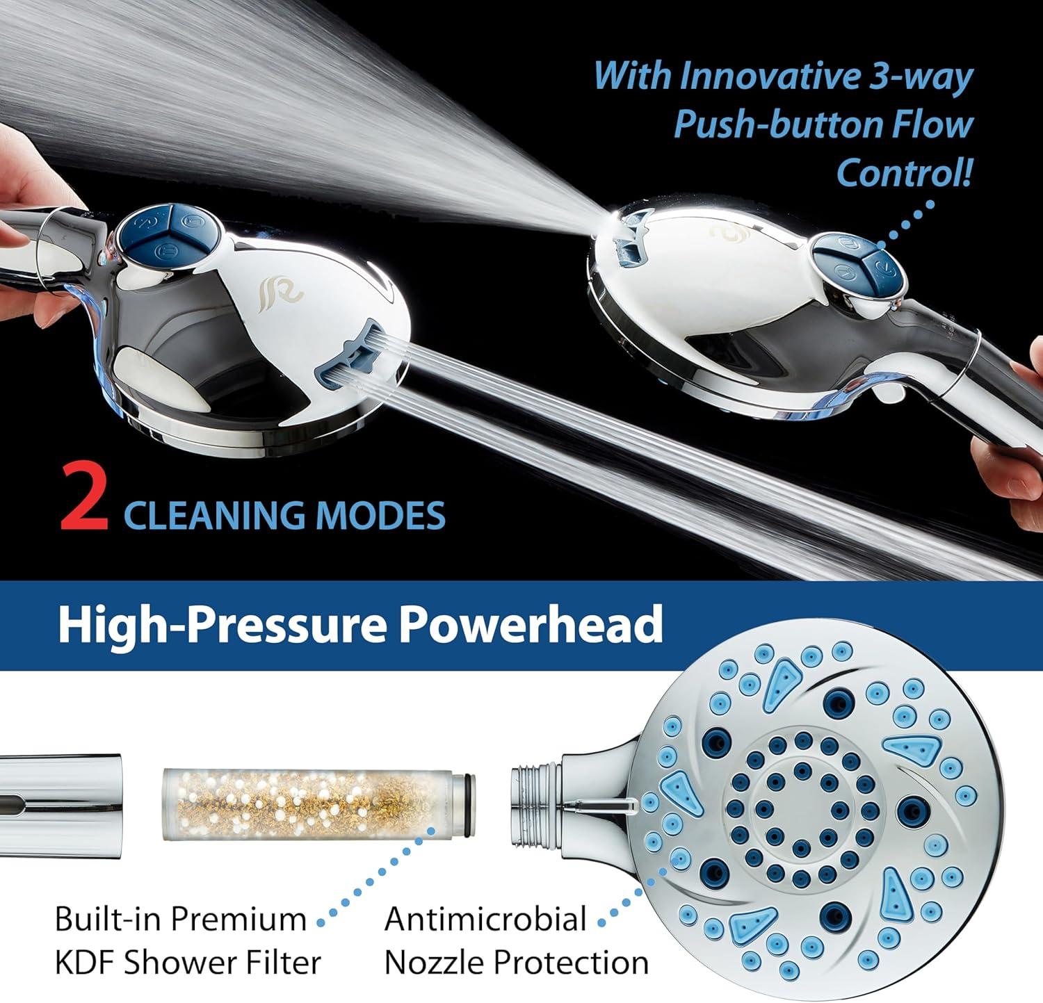 imageAquaCare High Pressure 10 Spray Mode Filtered Showerhead  Handheld Shower Head Filters Chlorine to Heal Dry Skin Revive Hair  Dual Power Wash Cleans Tub Tile Pets  Hard Water Softener BlackChrome