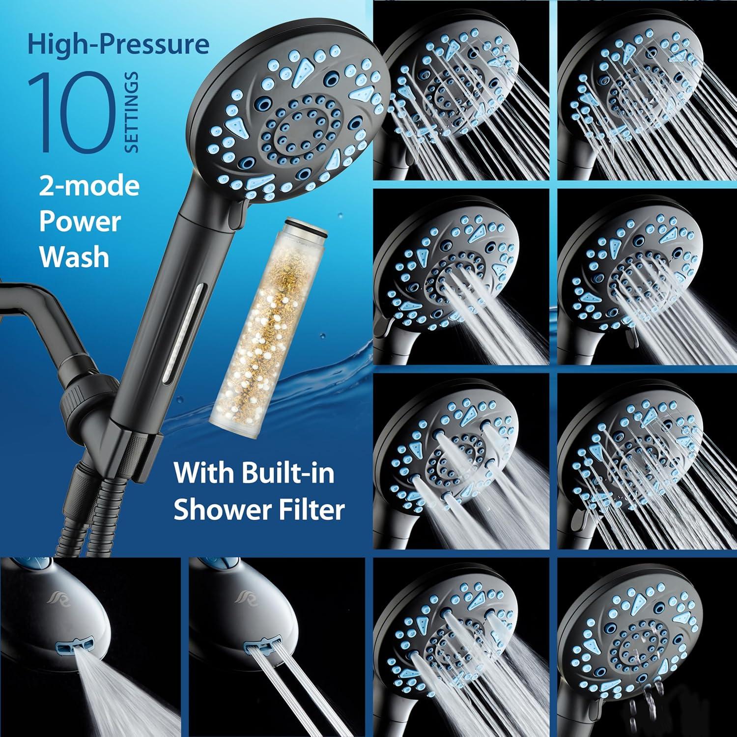 imageAquaCare High Pressure 10 Spray Mode Filtered Showerhead  Handheld Shower Head Filters Chlorine to Heal Dry Skin Revive Hair  Dual Power Wash Cleans Tub Tile Pets  Hard Water Softener BlackMatte Black