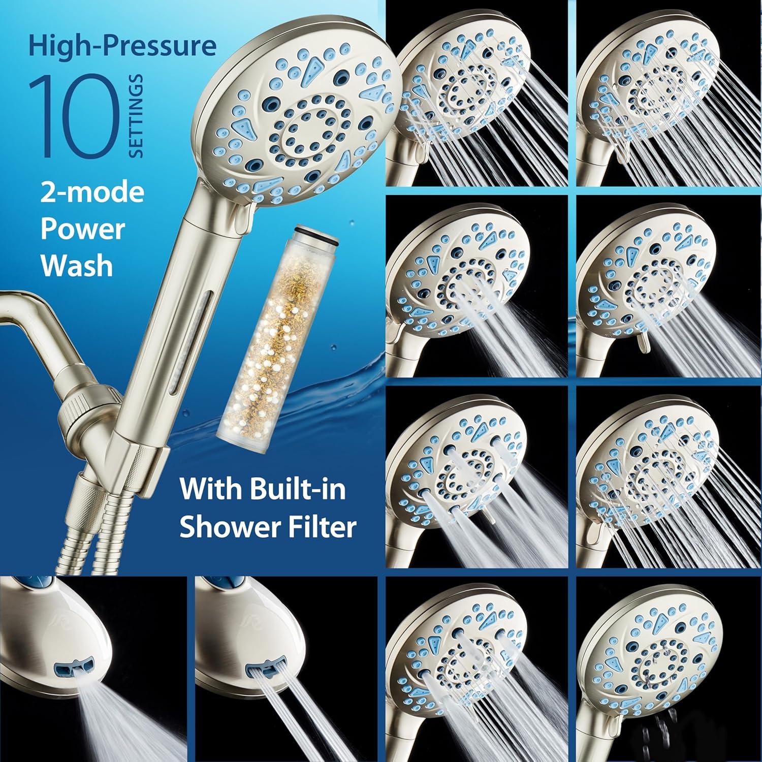 imageAquaCare High Pressure 10 Spray Mode Filtered Showerhead  Handheld Shower Head Filters Chlorine to Heal Dry Skin Revive Hair  Dual Power Wash Cleans Tub Tile Pets  Hard Water Softener BlackSatin Nickel