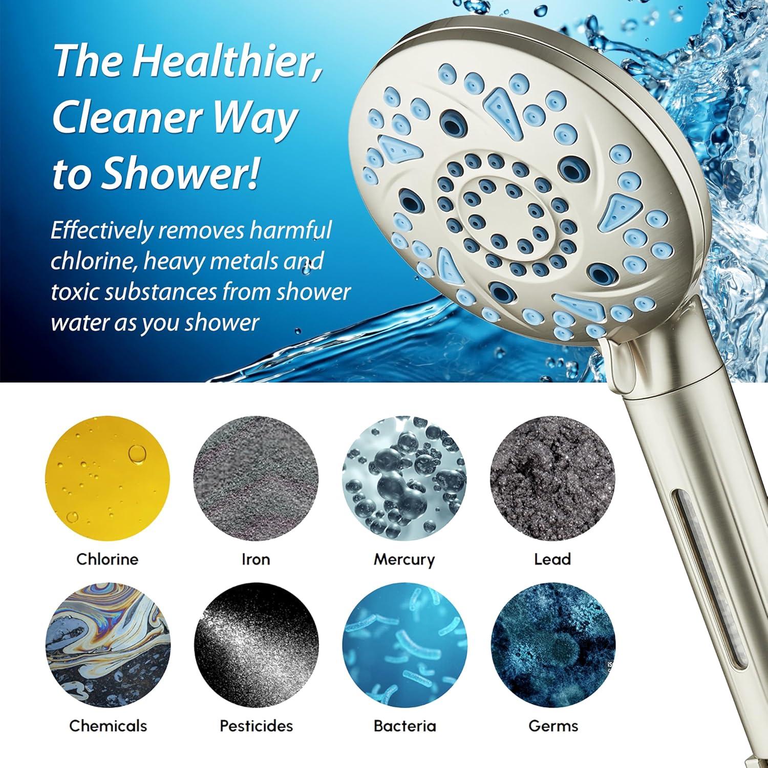 imageAquaCare High Pressure 10 Spray Mode Filtered Showerhead  Handheld Shower Head Filters Chlorine to Heal Dry Skin Revive Hair  Dual Power Wash Cleans Tub Tile Pets  Hard Water Softener BlackSatin Nickel