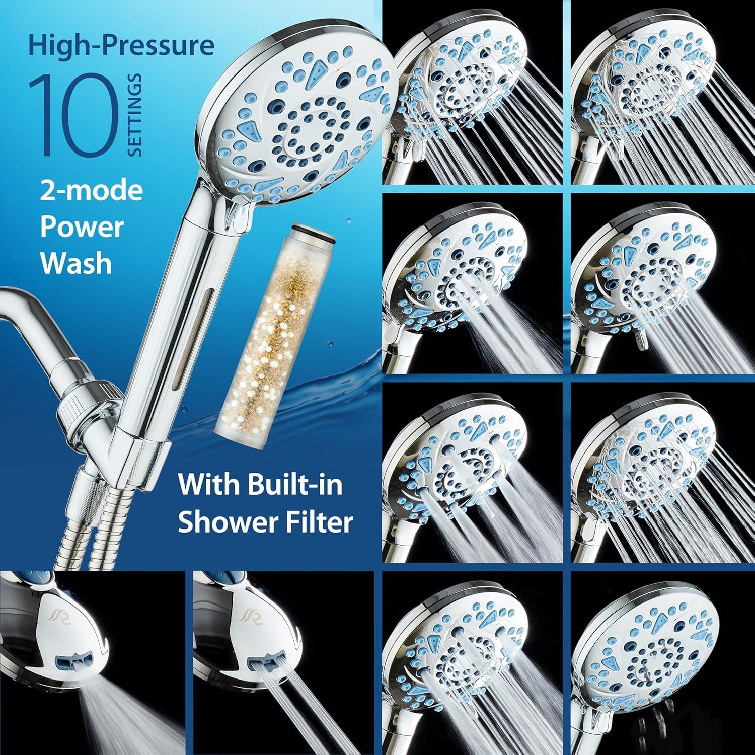 imageAquaCare High Pressure 10 Spray Mode Filtered Showerhead  Handheld Shower Head Filters Chlorine to Heal Dry Skin Revive Hair  Dual Power Wash Cleans Tub Tile Pets  Hard Water Softener BlackChrome