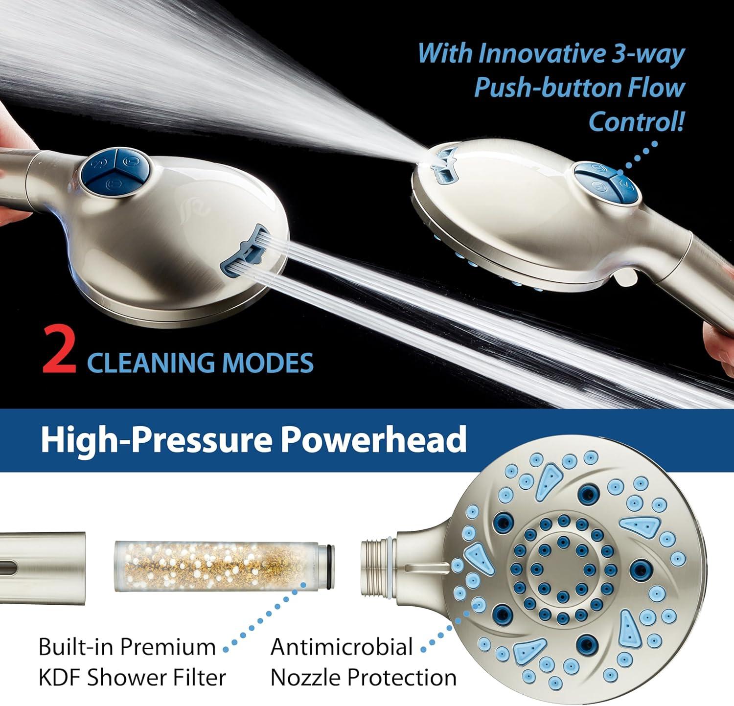 imageAquaCare High Pressure 10 Spray Mode Filtered Showerhead  Handheld Shower Head Filters Chlorine to Heal Dry Skin Revive Hair  Dual Power Wash Cleans Tub Tile Pets  Hard Water Softener BlackSatin Nickel