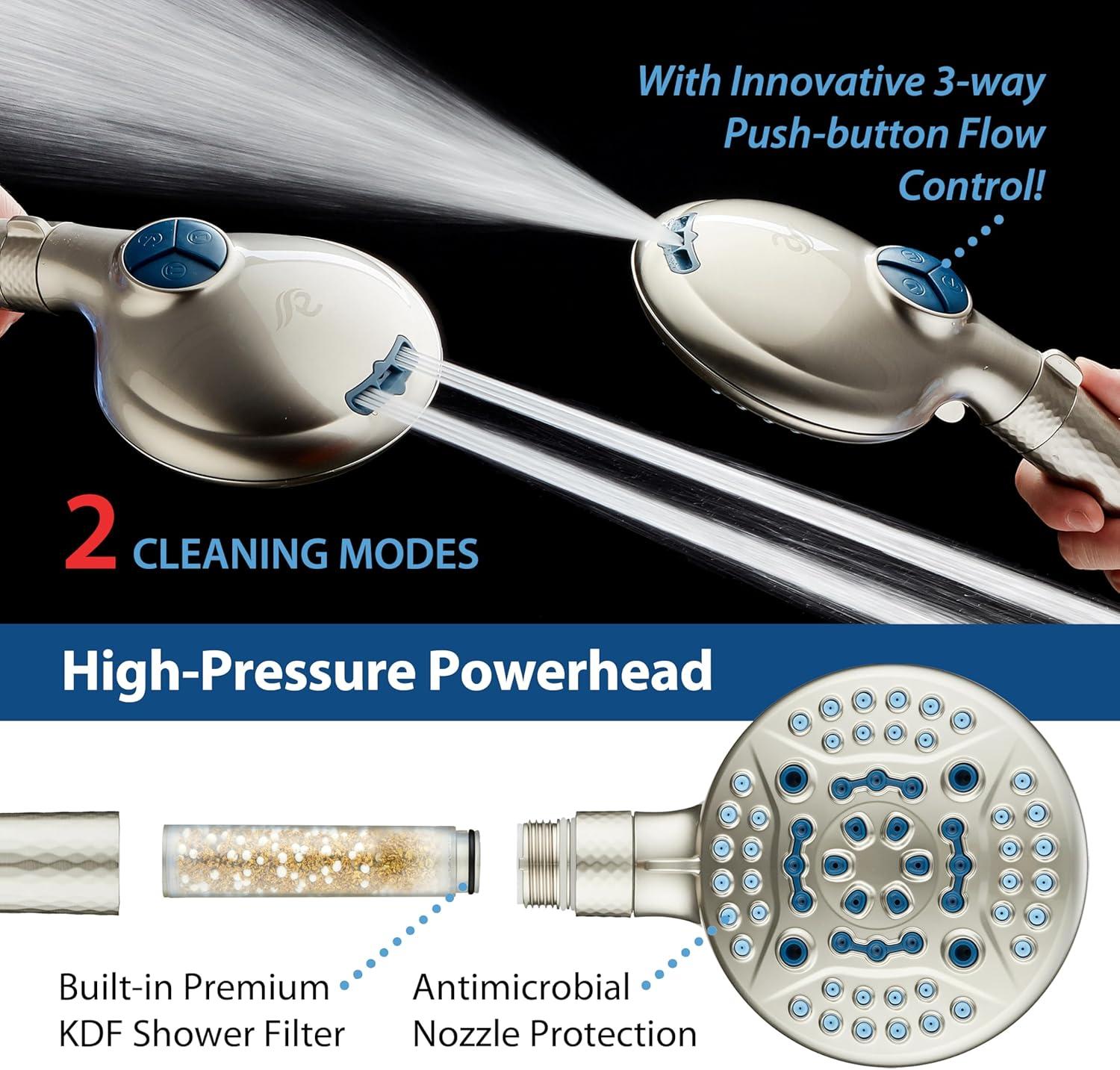 imageAquaCare High Pressure 6way Dual Shower Head Combo with Builtin Filter ampamp Power Wash  Clean Tub Tile ampamp Pets Remove Chlorine Lead ampamp Toxins from Water to Protect Skin Hair ampamp Nails Chrome FinishNickel