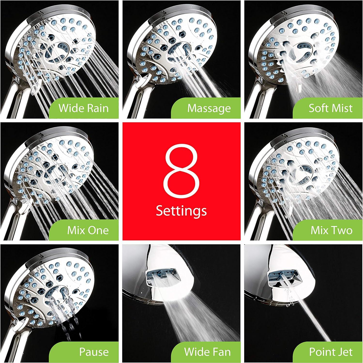 imageAquaCare High Pressure 8mode Handheld Shower Head  Anticlog Nozzles Builtin Power Wash to Clean Tub Tile ampamp Pets Extra Long 6 ft Stainless Steel Hose Wall ampamp Overhead BracketsChrome
