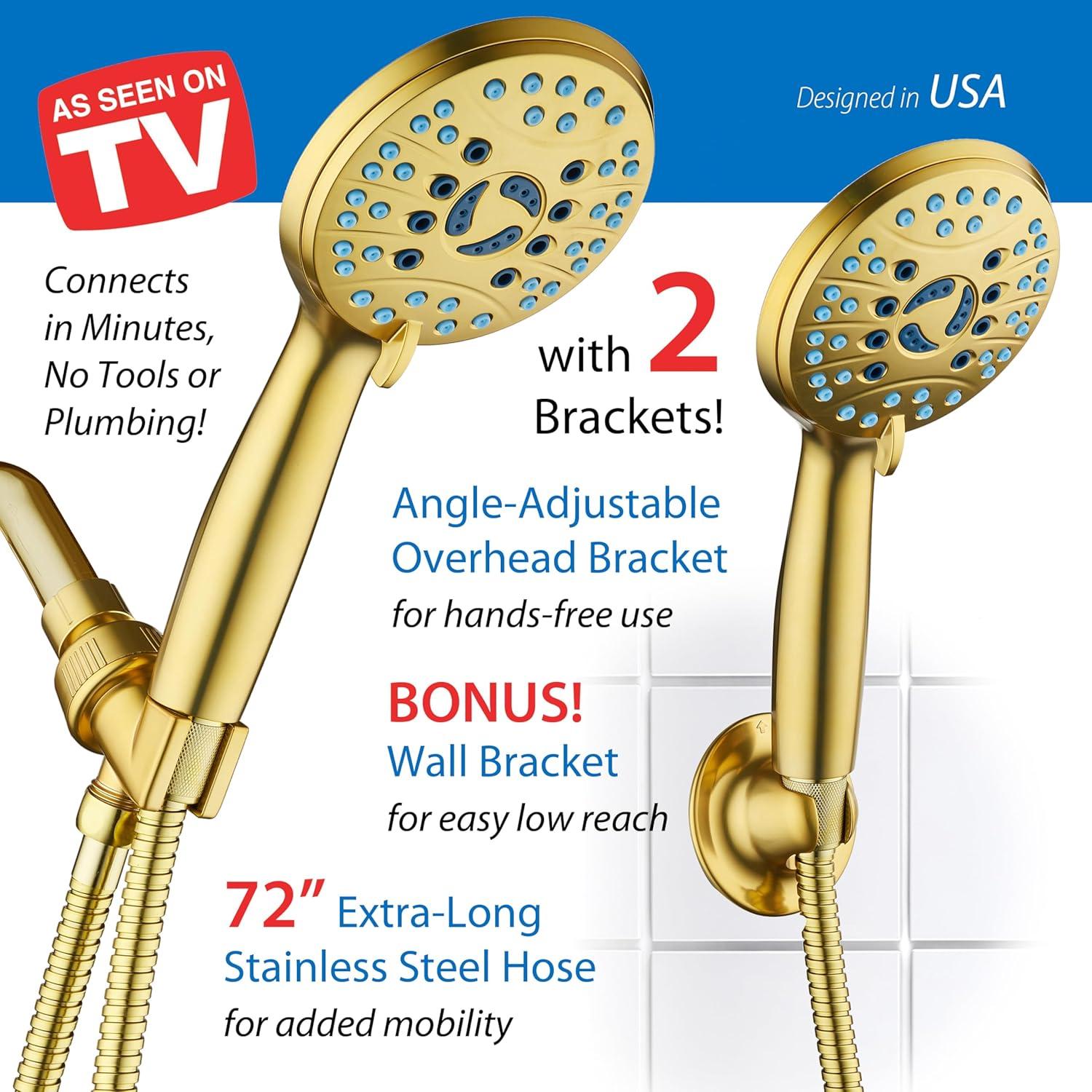 imageAquaCare High Pressure 8mode Handheld Shower Head  Anticlog Nozzles Builtin Power Wash to Clean Tub Tile ampamp Pets Extra Long 6 ft Stainless Steel Hose Wall ampamp Overhead BracketsModern Gold