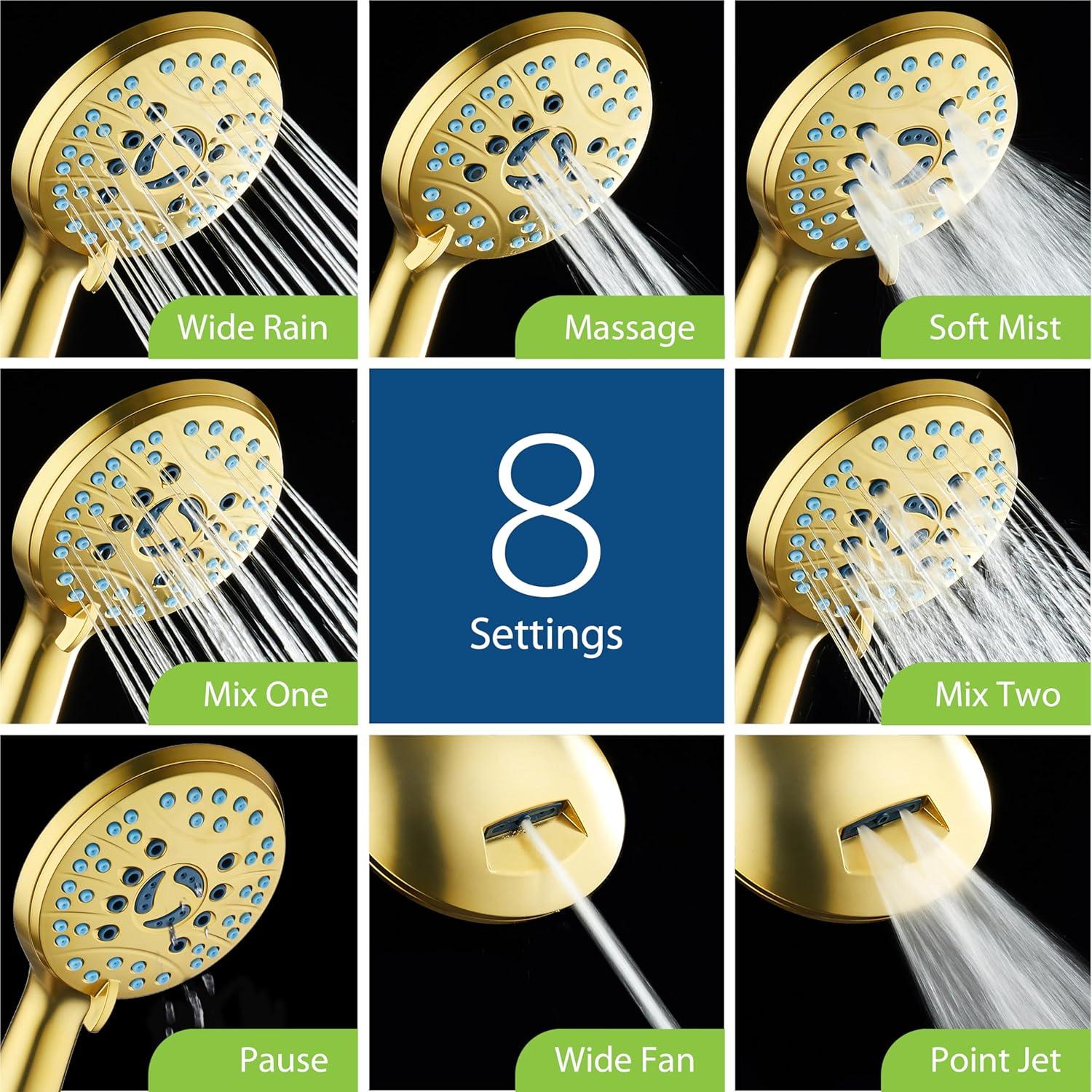 imageAquaCare High Pressure 8mode Handheld Shower Head  Anticlog Nozzles Builtin Power Wash to Clean Tub Tile ampamp Pets Extra Long 6 ft Stainless Steel Hose Wall ampamp Overhead BracketsModern Gold