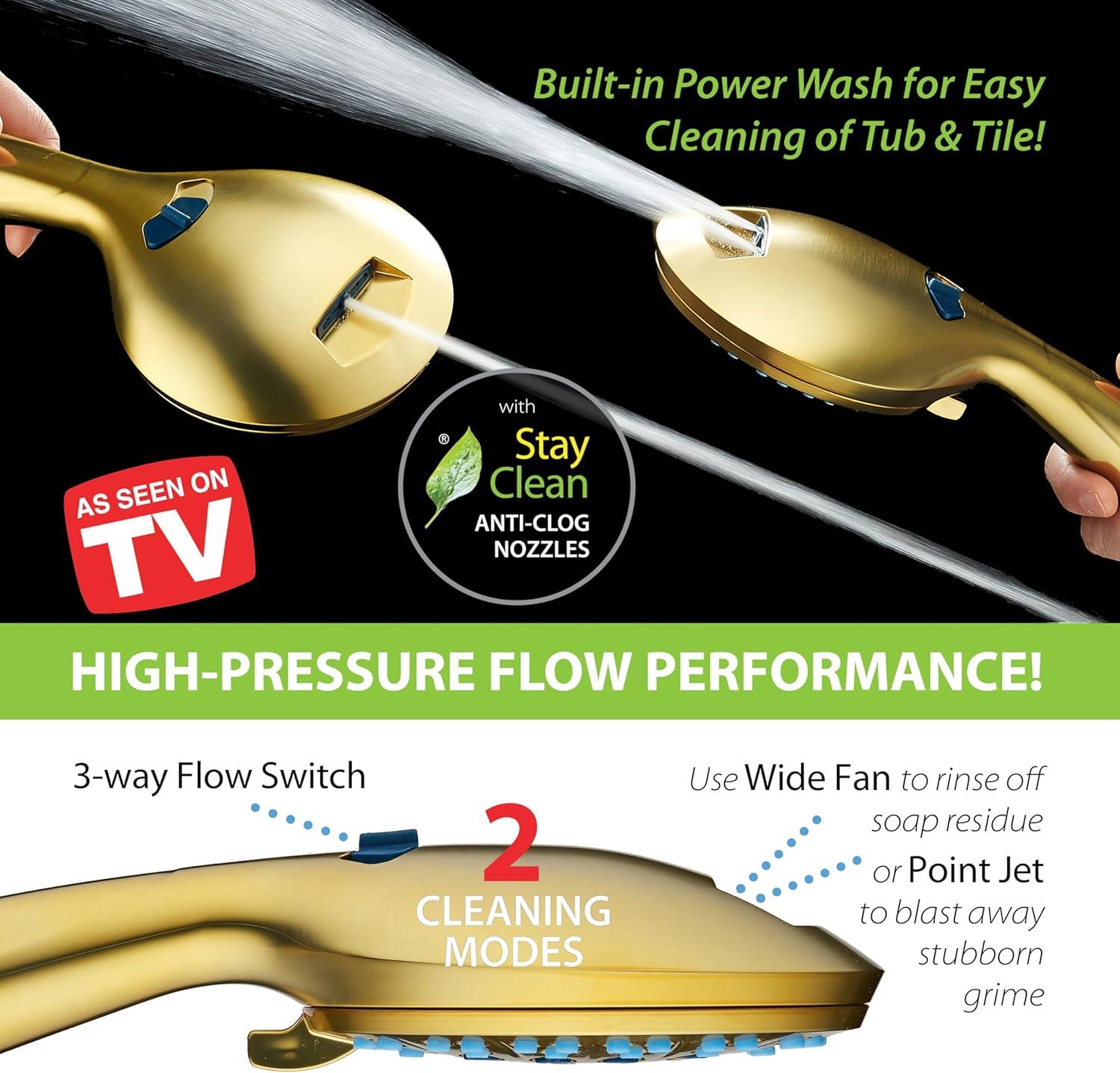 imageAquaCare High Pressure 8mode Handheld Shower Head  Anticlog Nozzles Builtin Power Wash to Clean Tub Tile ampamp Pets Extra Long 6 ft Stainless Steel Hose Wall ampamp Overhead BracketsModern Gold