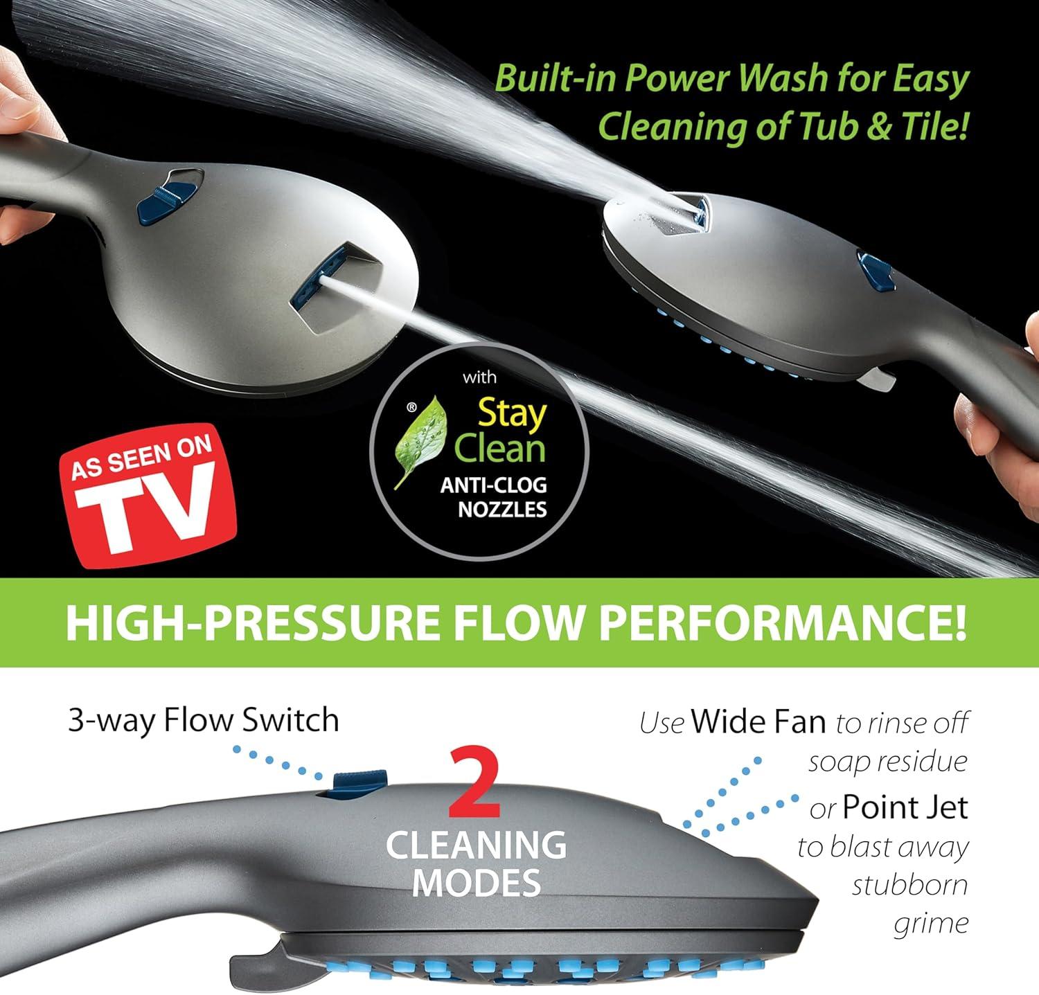 imageAquaCare High Pressure 8mode Handheld Shower Head  Anticlog Nozzles Builtin Power Wash to Clean Tub Tile ampamp Pets Extra Long 6 ft Stainless Steel Hose Wall ampamp Overhead BracketsModern Gray