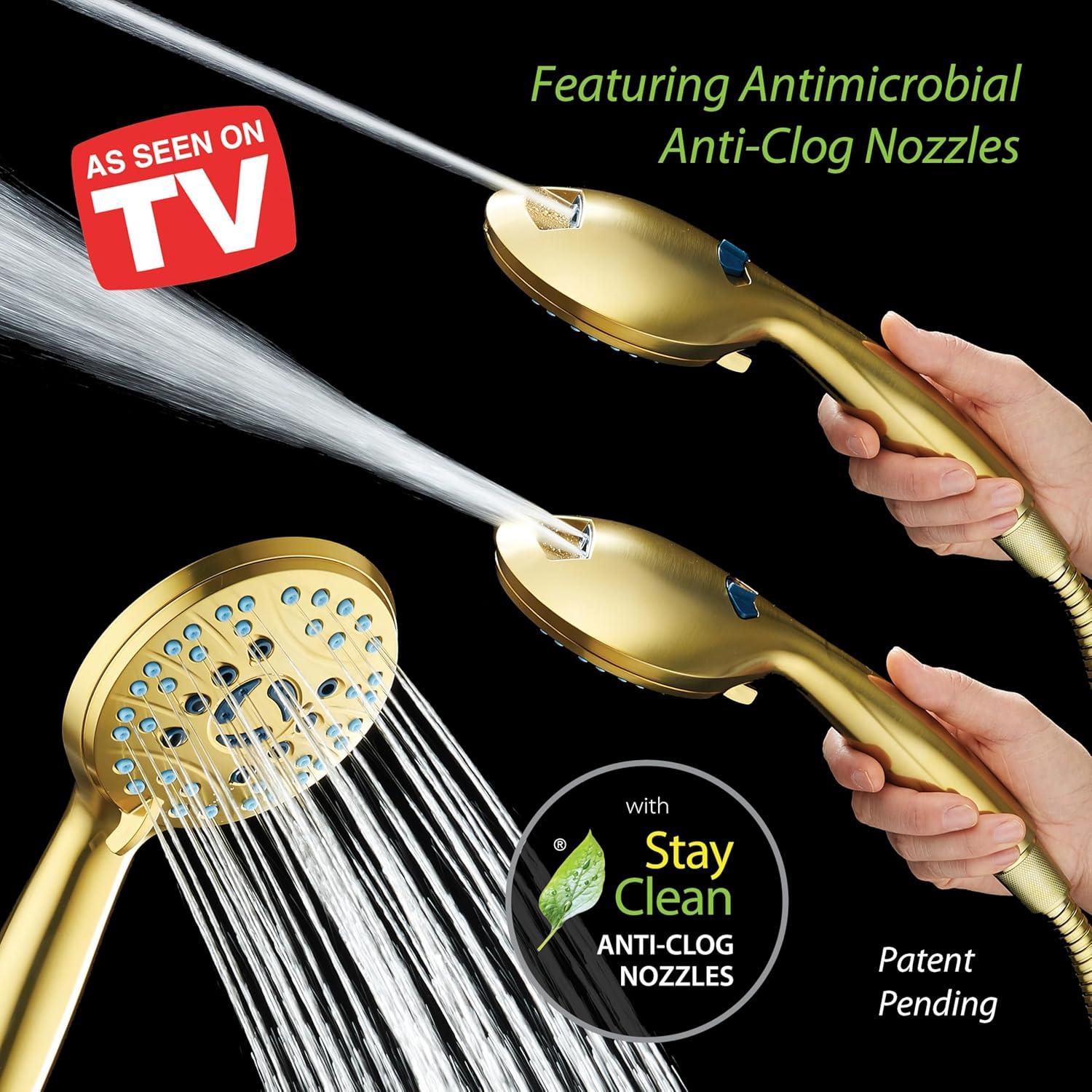 imageAquaCare High Pressure 8mode Handheld Shower Head  Anticlog Nozzles Builtin Power Wash to Clean Tub Tile ampamp Pets Extra Long 6 ft Stainless Steel Hose Wall ampamp Overhead BracketsModern Gold