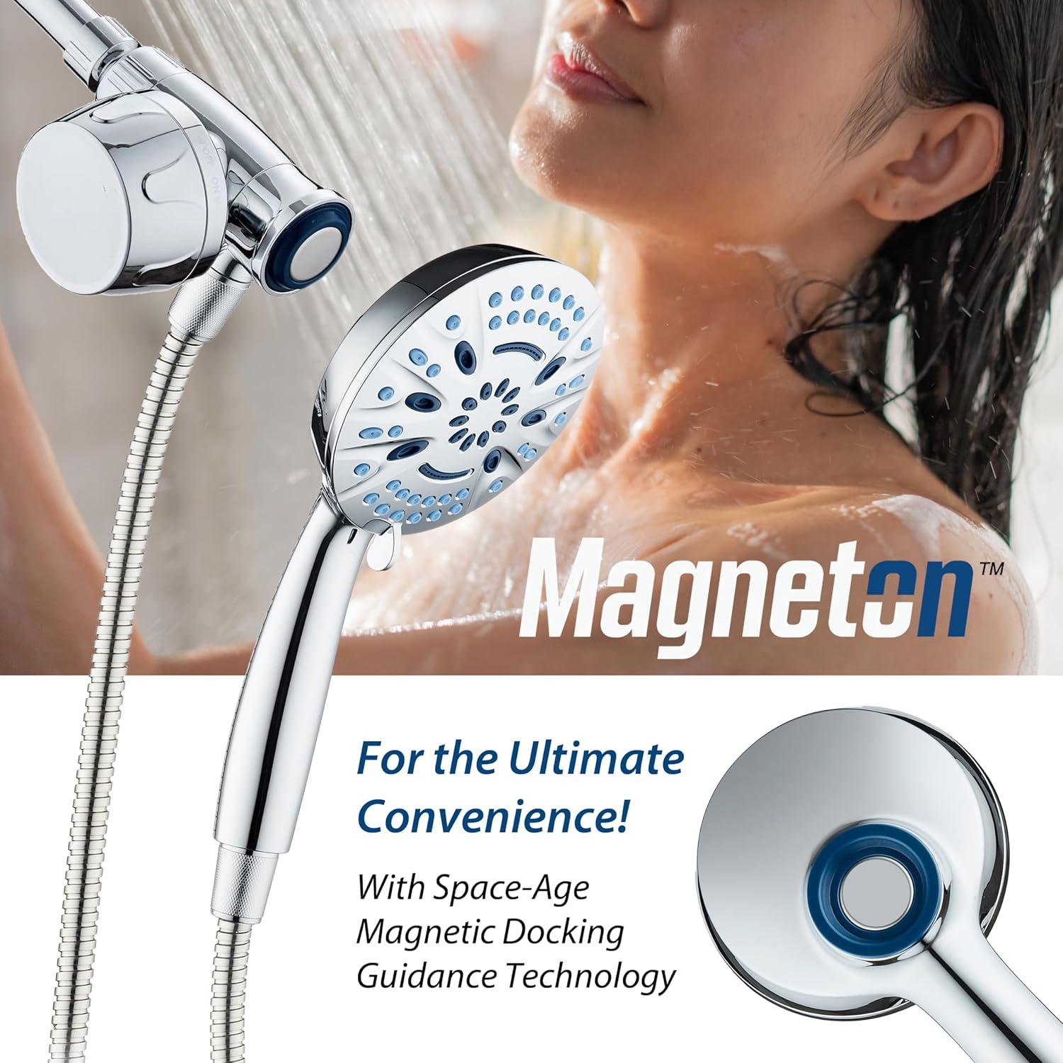 imageAquaCare Magneton 8setting Magnetic Docking Hand Shower with Builtin Shower Filter  ONOFF Filtration Modes Instant Cartridge Reload StayClean KDF Cartridge 6 ft Steel Hose Satin NickelChrome