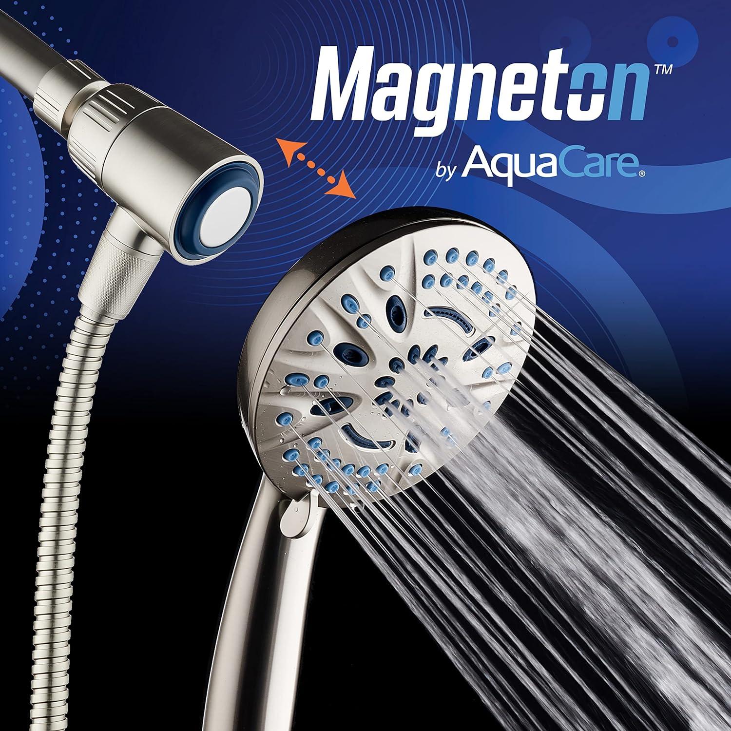 imageAquaCare Magneton 8setting Magnetic Docking Hand Shower with Builtin Shower Filter  ONOFF Filtration Modes Instant Cartridge Reload StayClean KDF Cartridge 6 ft Steel Hose Satin NickelSatin Nickel