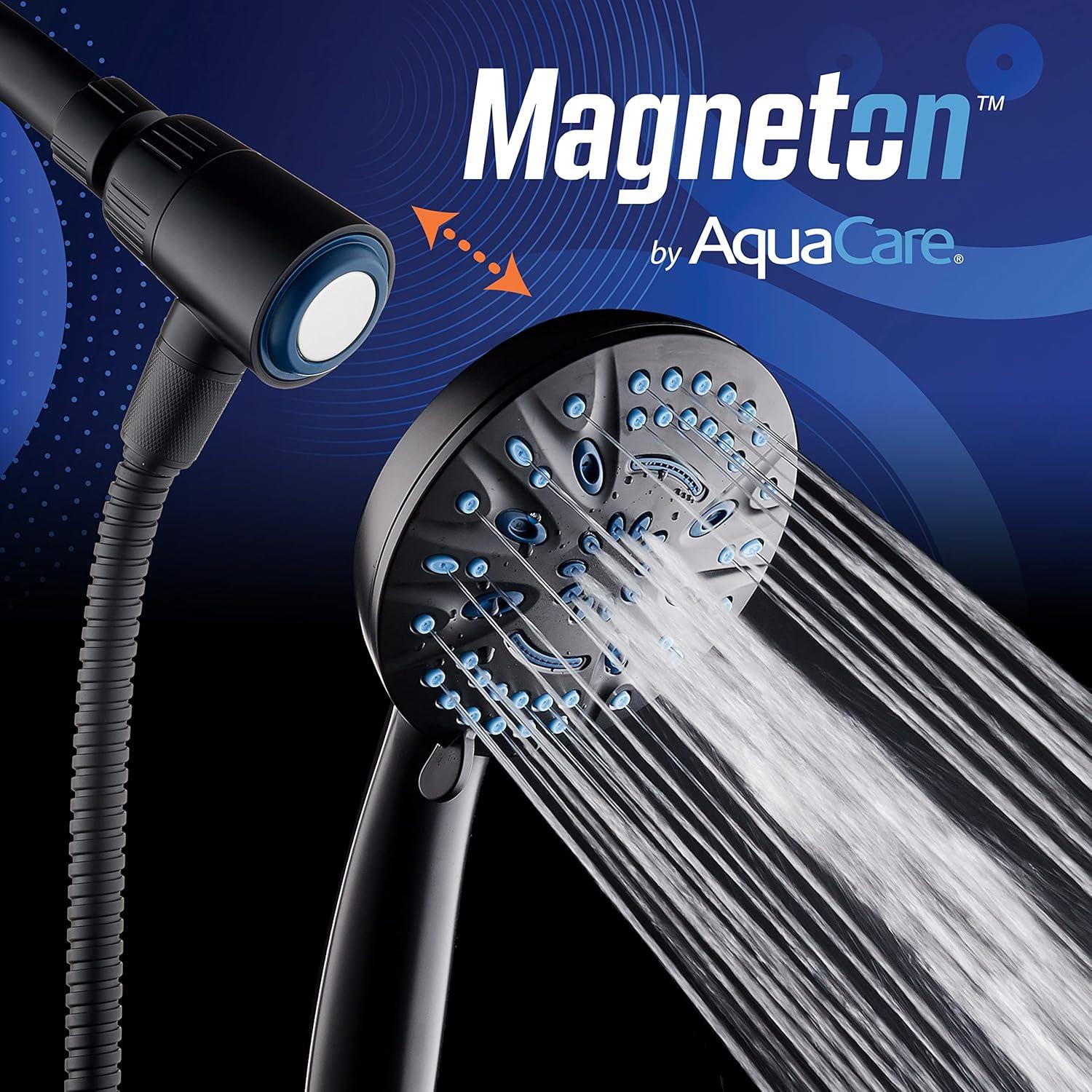 imageAquaCare Magneton 8setting Magnetic Docking Hand Shower with Builtin Shower Filter  ONOFF Filtration Modes Instant Cartridge Reload StayClean KDF Cartridge 6 ft Steel Hose Satin NickelMatte Black
