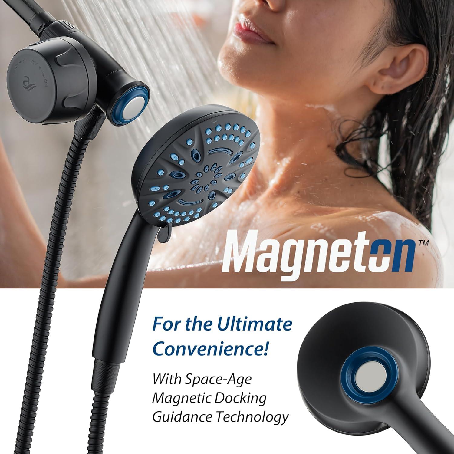 imageAquaCare Magneton 8setting Magnetic Docking Hand Shower with Builtin Shower Filter  ONOFF Filtration Modes Instant Cartridge Reload StayClean KDF Cartridge 6 ft Steel Hose Satin NickelMatte Black
