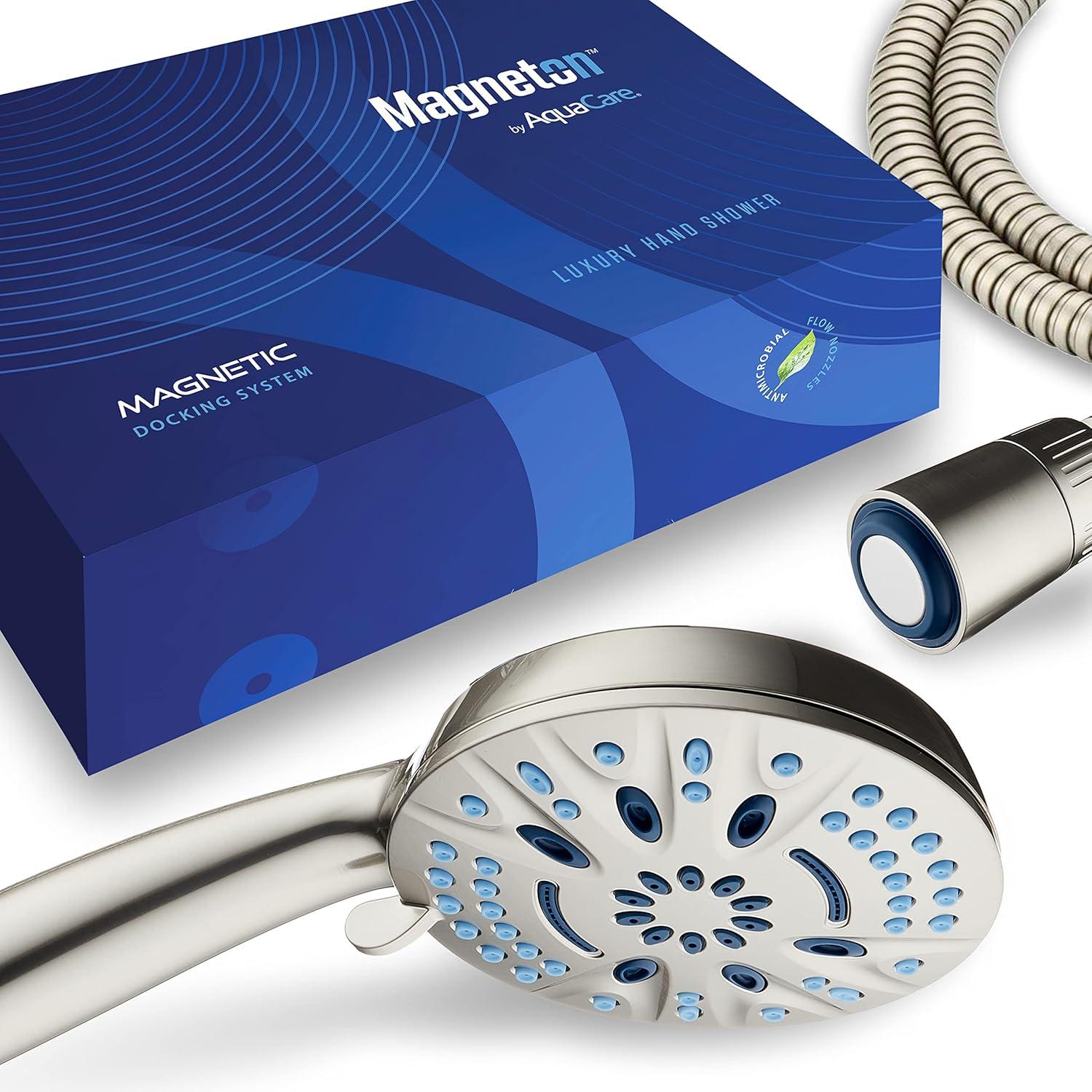 imageAquaCare Magneton 8setting Magnetic Docking Hand Shower with Builtin Shower Filter  ONOFF Filtration Modes Instant Cartridge Reload StayClean KDF Cartridge 6 ft Steel Hose Satin NickelSatin Nickel
