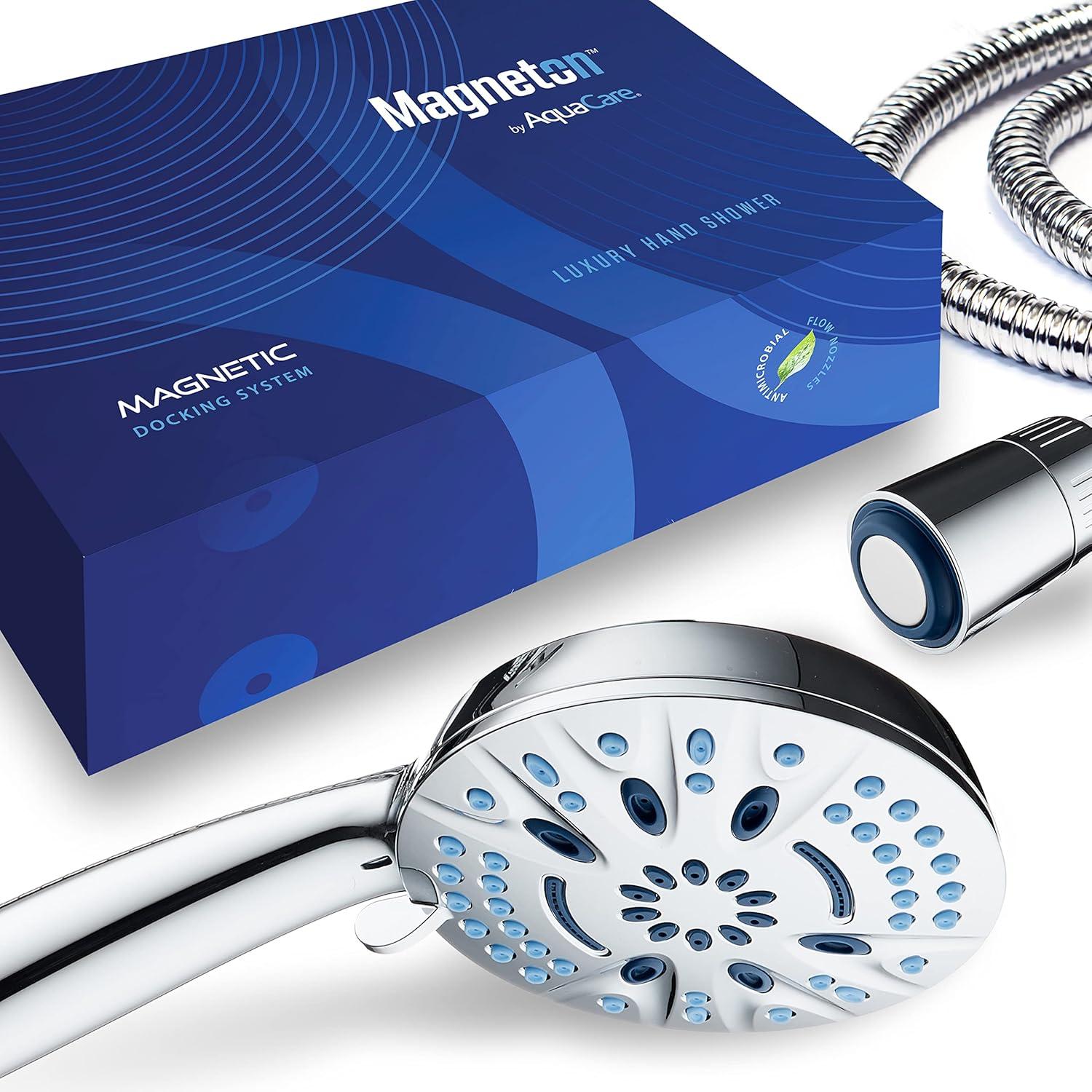 imageAquaCare Magneton 8setting Magnetic Docking Hand Shower with Builtin Shower Filter  ONOFF Filtration Modes Instant Cartridge Reload StayClean KDF Cartridge 6 ft Steel Hose Satin NickelChrome