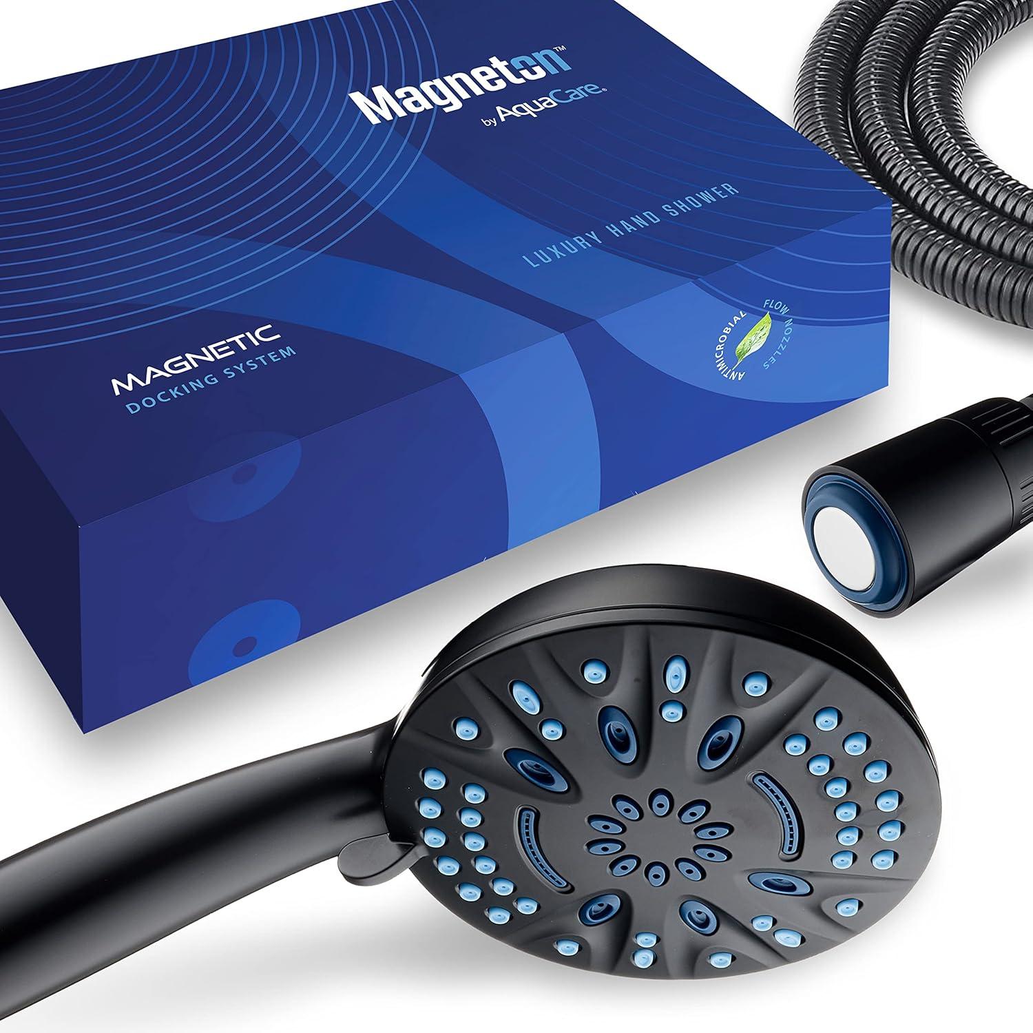 imageAquaCare Magneton 8setting Magnetic Docking Hand Shower with Builtin Shower Filter  ONOFF Filtration Modes Instant Cartridge Reload StayClean KDF Cartridge 6 ft Steel Hose Satin NickelMatte Black