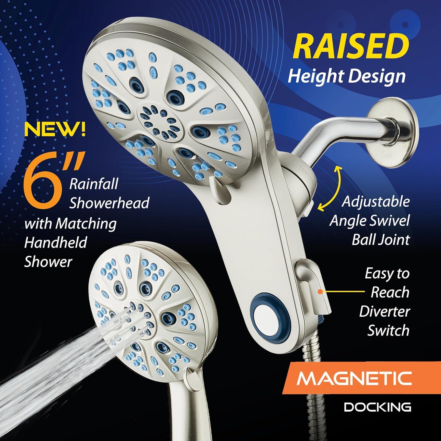 imageAquaCare Magneton HighPressure 48mode Luxury 3way Combo System with Magnetic Guidance Docking Giant Rain ampamp Handheld Shower Head Hygienic Jets and 6 ft Stainless Steel Hose Matte Black FinishSatin Nickel