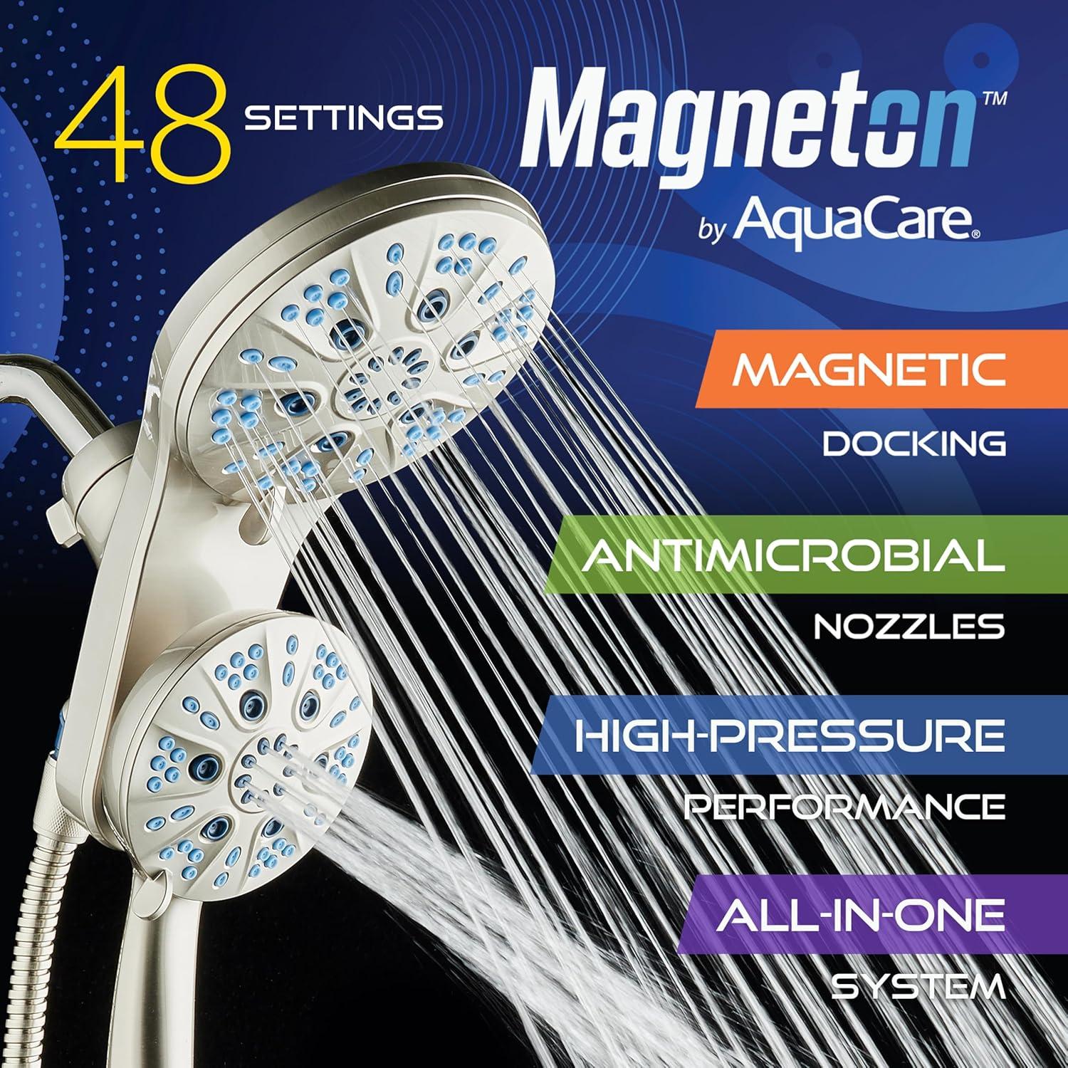 imageAquaCare Magneton HighPressure 48mode Luxury 3way Combo System with Magnetic Guidance Docking Giant Rain ampamp Handheld Shower Head Hygienic Jets and 6 ft Stainless Steel Hose Matte Black FinishSatin Nickel