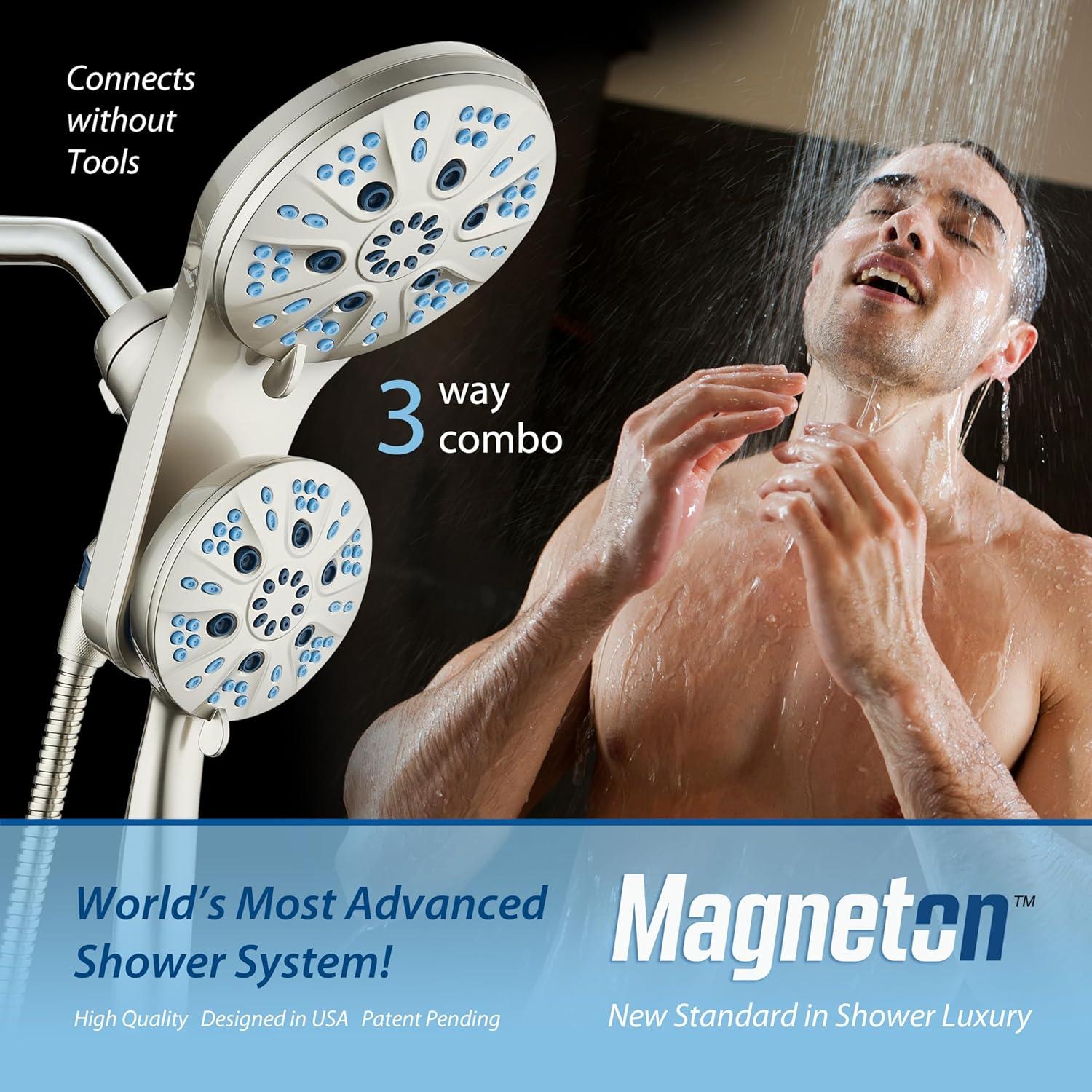 imageAquaCare Magneton HighPressure 48mode Luxury 3way Combo System with Magnetic Guidance Docking Giant Rain ampamp Handheld Shower Head Hygienic Jets and 6 ft Stainless Steel Hose Matte Black FinishSatin Nickel