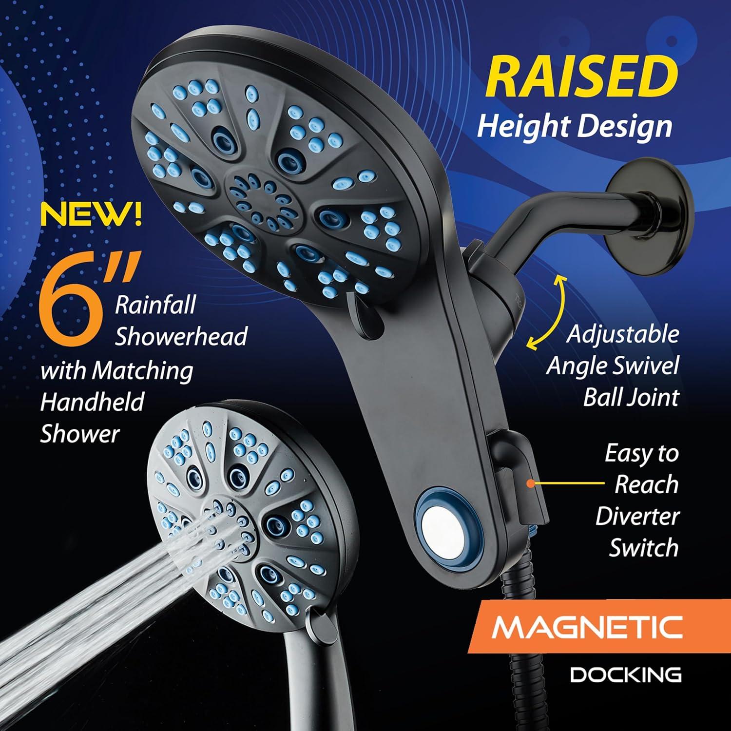 imageAquaCare Magneton HighPressure 48mode Luxury 3way Combo System with Magnetic Guidance Docking Giant Rain ampamp Handheld Shower Head Hygienic Jets and 6 ft Stainless Steel Hose Matte Black FinishMatte Black
