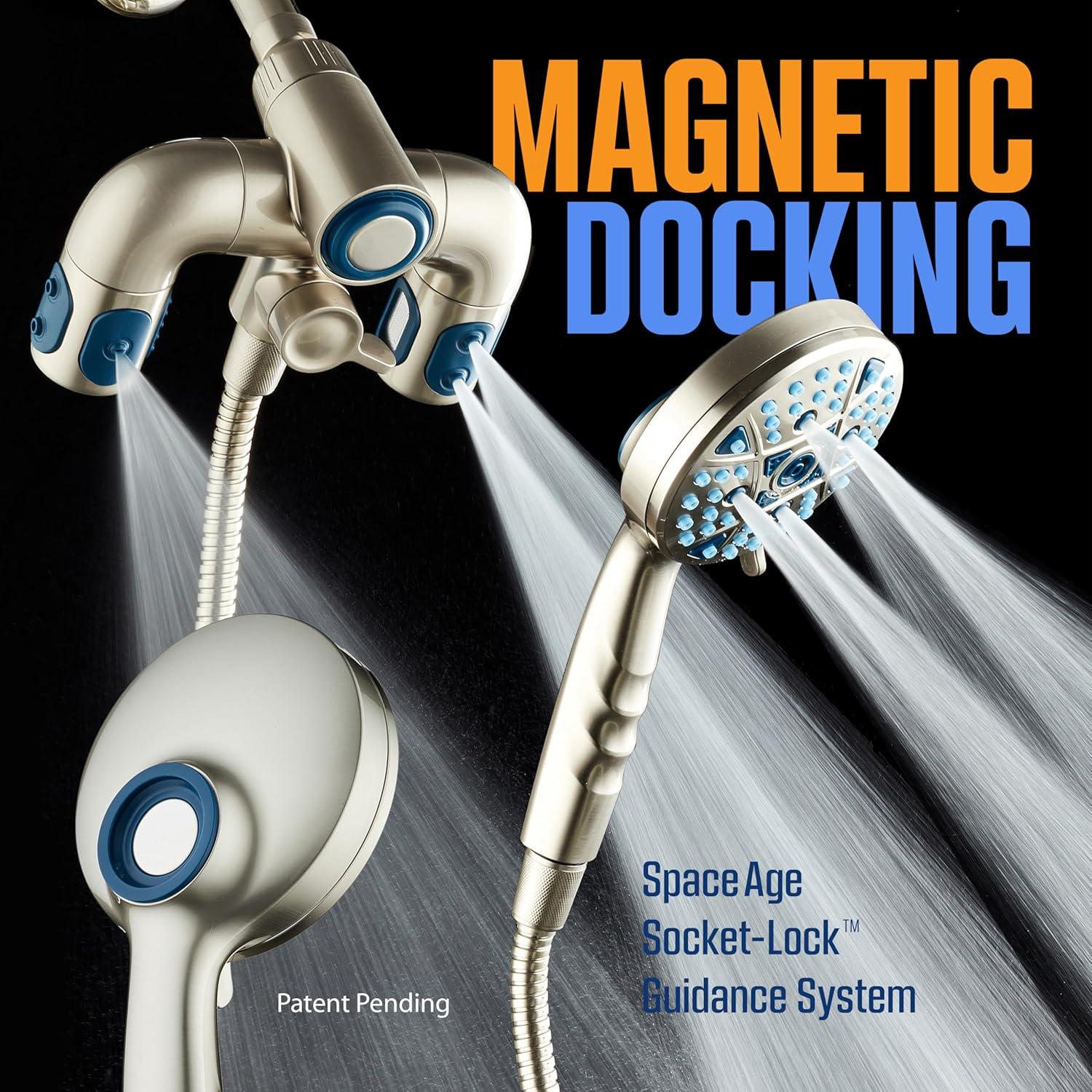 imageAquaCare Polaris High Pressure Multi Zone 208 Setting Shower Head ampamp Handheld 3way Combo System  Magnetic Docking Handle StayClean Jets 6 ft Metal Hose Graphite Finish Top American BrandNickel