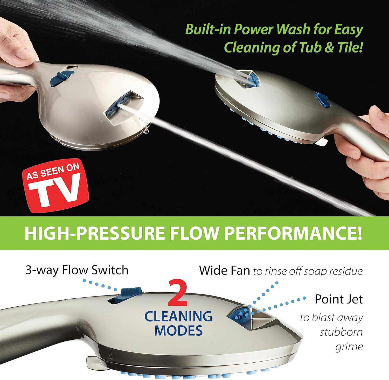 imageHotel Spa AquaCare AsSeenOnTV High Pressure 48setting Rain ampamp Handheld 3way Shower Head Combo  Anticlog NozzlesTub Tile ampamp Pet Power WashExtra Long 6 ft HoseAll Chrome FinishSatin Nickel