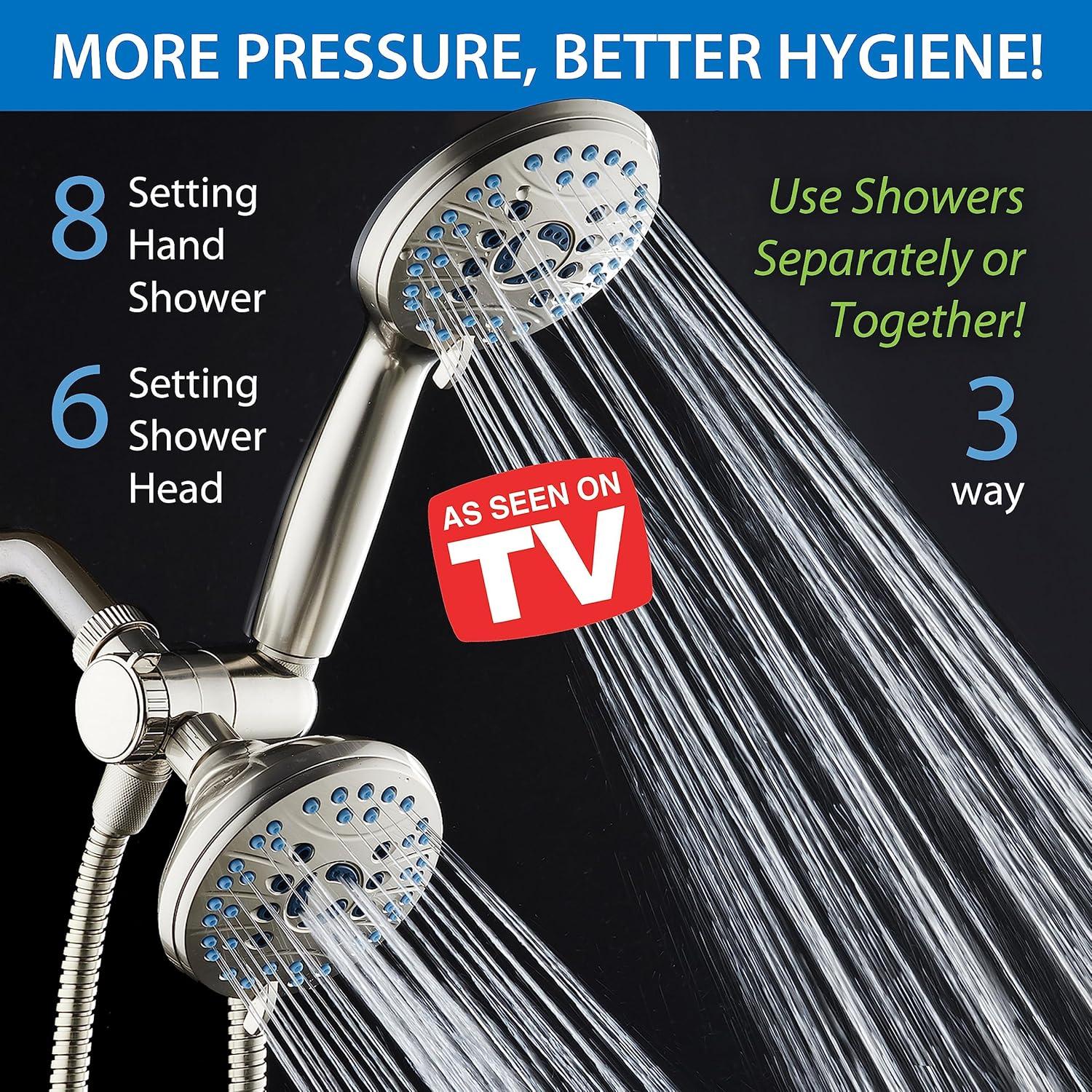 imageHotel Spa AquaCare AsSeenOnTV High Pressure 48setting Rain ampamp Handheld 3way Shower Head Combo  Anticlog NozzlesTub Tile ampamp Pet Power WashExtra Long 6 ft HoseAll Chrome FinishSatin Nickel