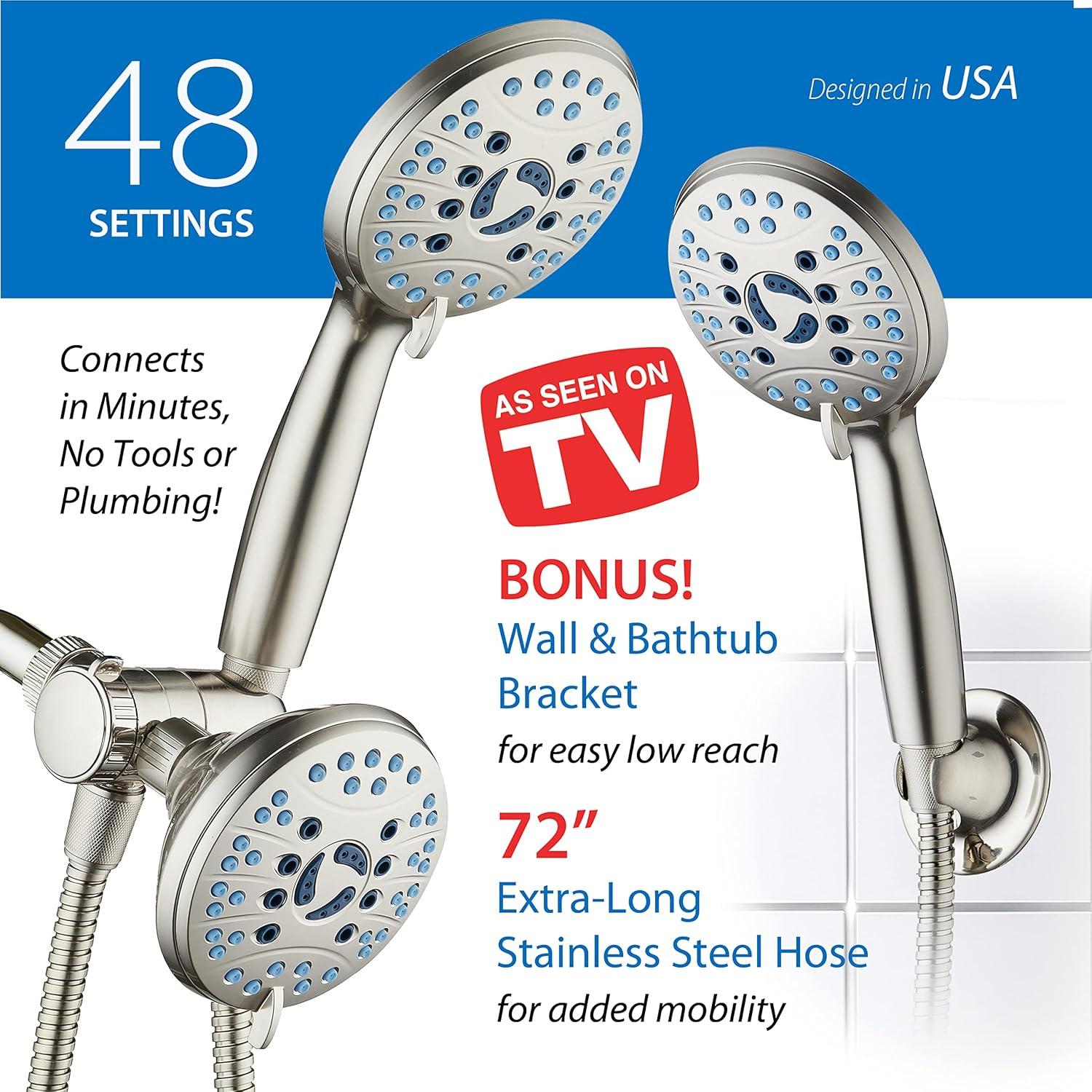 imageHotel Spa AquaCare AsSeenOnTV High Pressure 48setting Rain ampamp Handheld 3way Shower Head Combo  Anticlog NozzlesTub Tile ampamp Pet Power WashExtra Long 6 ft HoseAll Chrome FinishAllChrome
