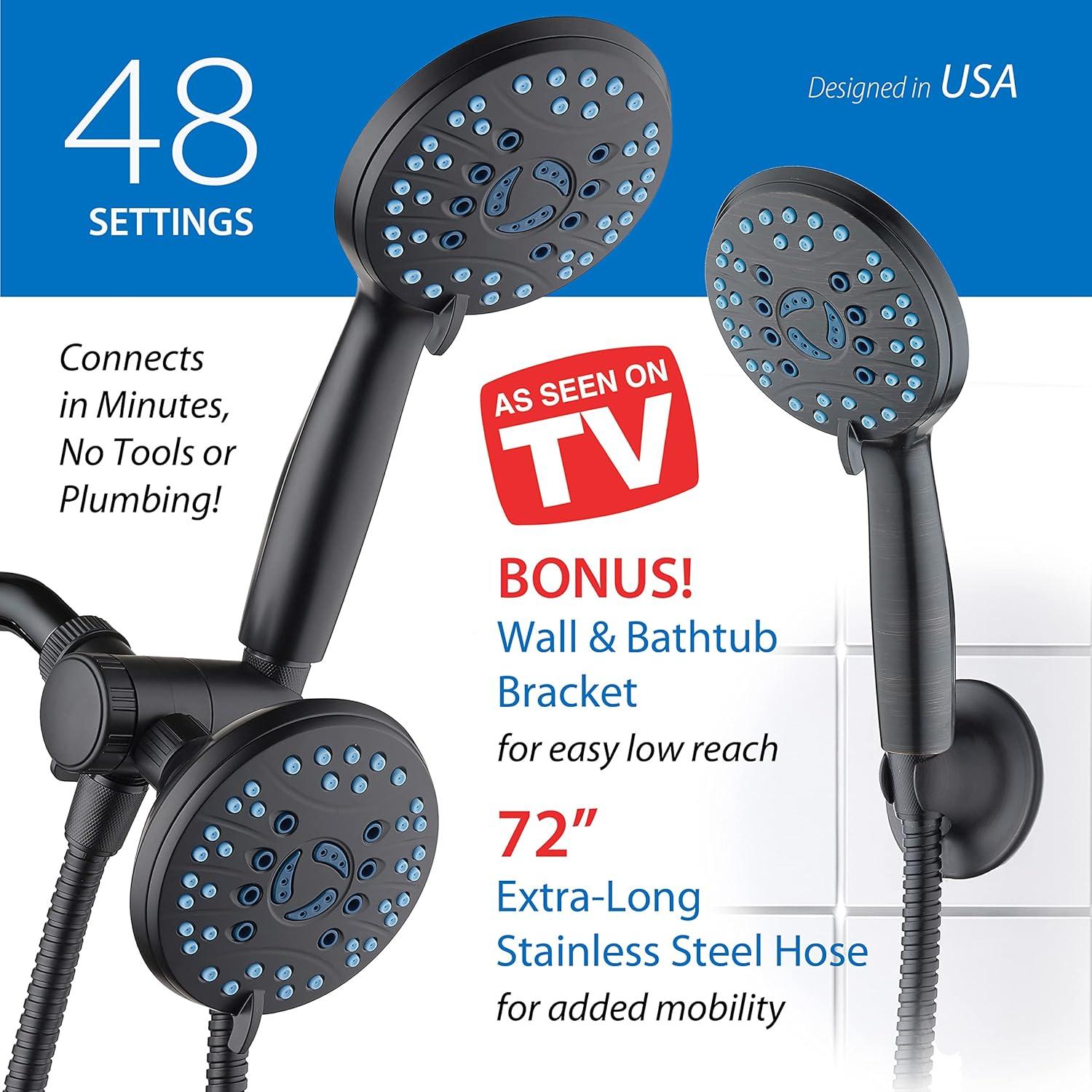 imageHotel Spa AquaCare AsSeenOnTV High Pressure 48setting Rain ampamp Handheld 3way Shower Head Combo  Anticlog NozzlesTub Tile ampamp Pet Power WashExtra Long 6 ft HoseAll Chrome FinishMatte Black