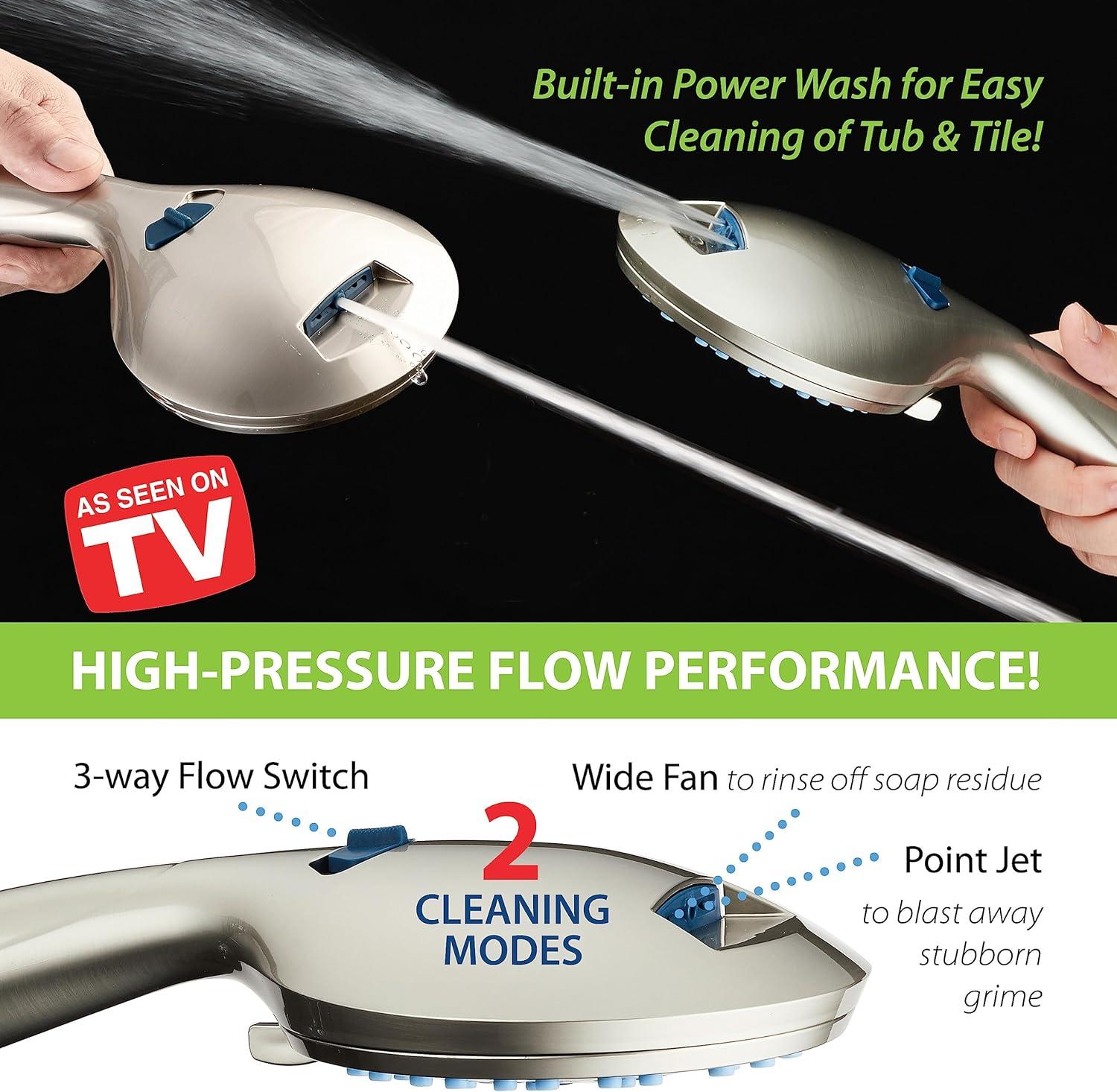 imageHotel Spa AquaCare AsSeenOnTV High Pressure Handheld ampamp Rain 50mode 3way Shower Head Combo with Anticlog Jets 2mode Tub ampamp Pet Power Wash Extra Wall Bracket 6 ft Hose All Chrome FinishSatin Nickel