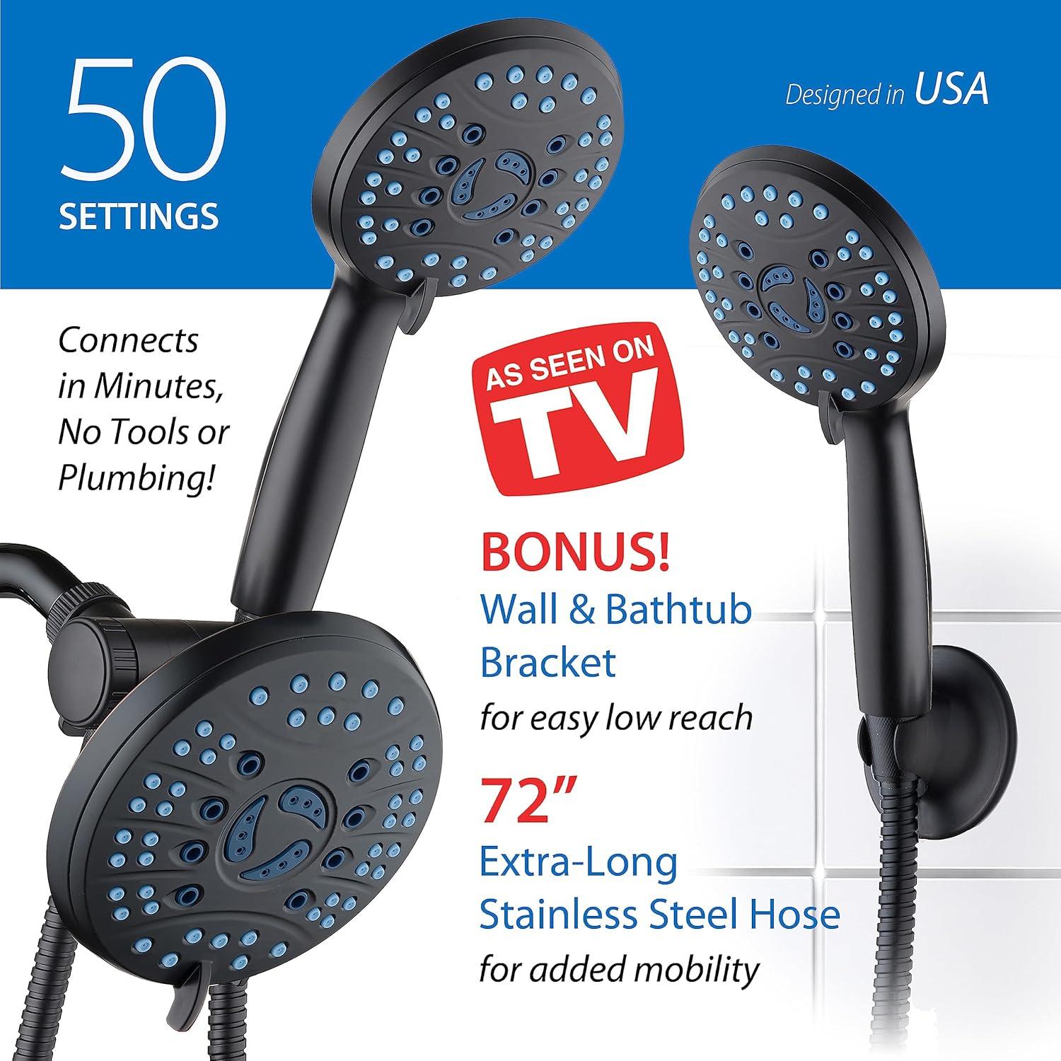 imageHotel Spa AquaCare AsSeenOnTV High Pressure Handheld ampamp Rain 50mode 3way Shower Head Combo with Anticlog Jets 2mode Tub ampamp Pet Power Wash Extra Wall Bracket 6 ft Hose All Chrome FinishMatte Black