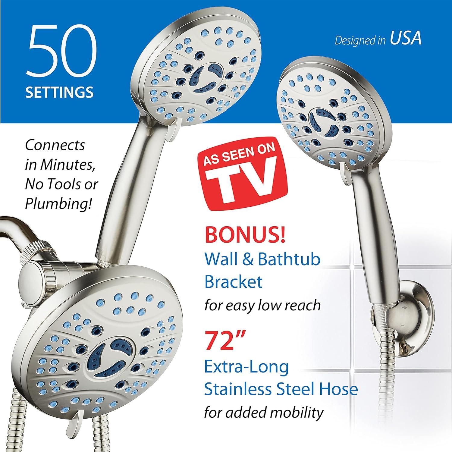 imageHotel Spa AquaCare AsSeenOnTV High Pressure Handheld ampamp Rain 50mode 3way Shower Head Combo with Anticlog Jets 2mode Tub ampamp Pet Power Wash Extra Wall Bracket 6 ft Hose All Chrome FinishSatin Nickel