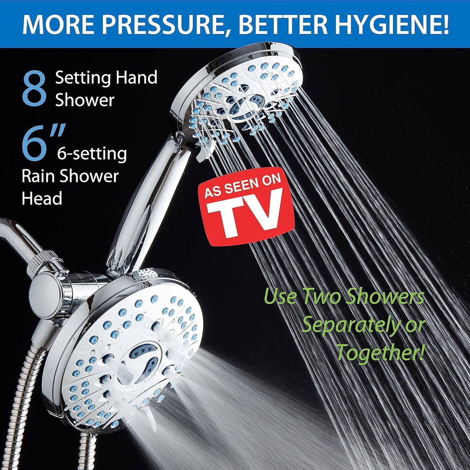 imageHotel Spa AquaCare AsSeenOnTV High Pressure Handheld ampamp Rain 50mode 3way Shower Head Combo with Anticlog Jets 2mode Tub ampamp Pet Power Wash Extra Wall Bracket 6 ft Hose All Chrome FinishAllChrome