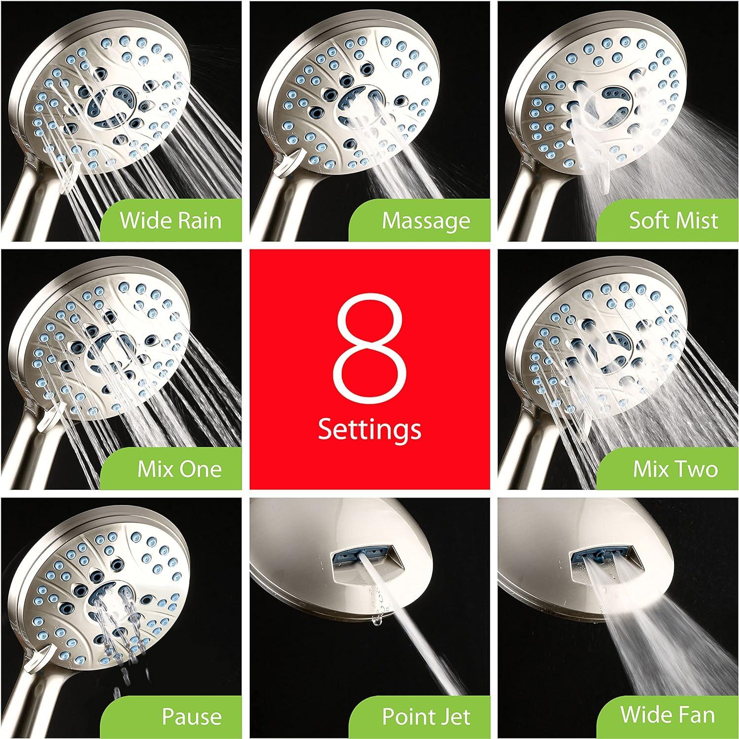 imageHotel Spa AquaCare AsSeenOnTV High Pressure Handheld ampamp Rain 50mode 3way Shower Head Combo with Anticlog Jets 2mode Tub ampamp Pet Power Wash Extra Wall Bracket 6 ft Hose All Chrome FinishSatin Nickel