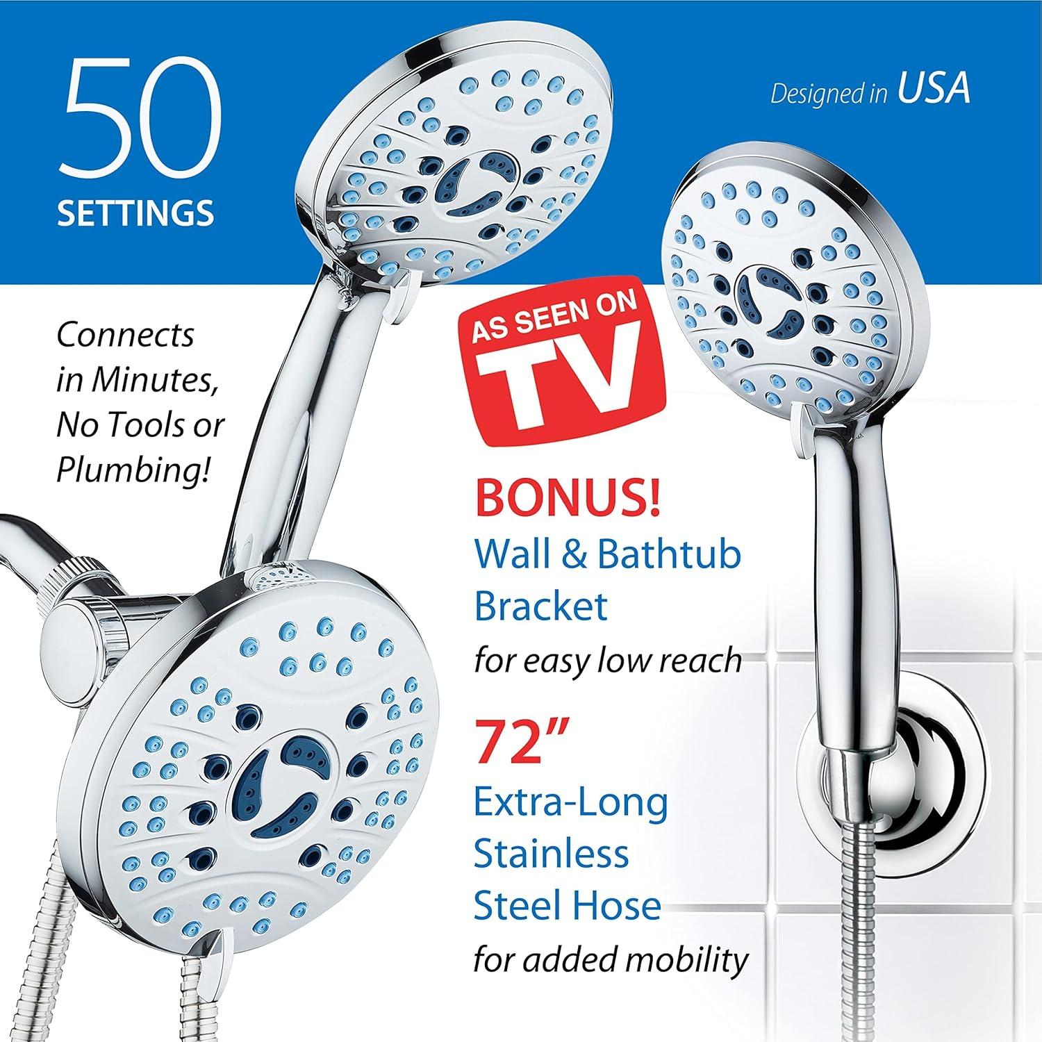 imageHotel Spa AquaCare AsSeenOnTV High Pressure Handheld ampamp Rain 50mode 3way Shower Head Combo with Anticlog Jets 2mode Tub ampamp Pet Power Wash Extra Wall Bracket 6 ft Hose All Chrome FinishAllChrome