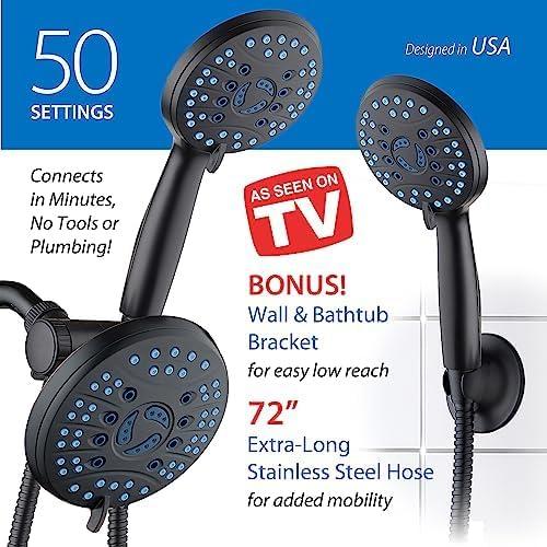 imageHotel Spa AquaCare AsSeenOnTV High Pressure Handheld ampamp Rain 50mode 3way Shower Head Combo with Anticlog Jets 2mode Tub ampamp Pet Power Wash Extra Wall Bracket 6 ft Hose All Chrome FinishMatte Black