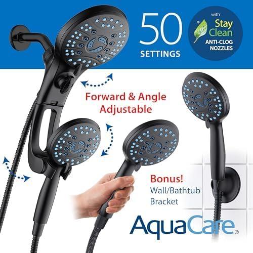 imageHotel Spa AquaCare AsSeenOnTV High Pressure HandheldRain 50mode 3way Shower Head Combo with Adjustable Arm  Anticlog Nozzles Tub ampamp Pet Power Wash 6 ft Hose All Chrome FinishMatte Black