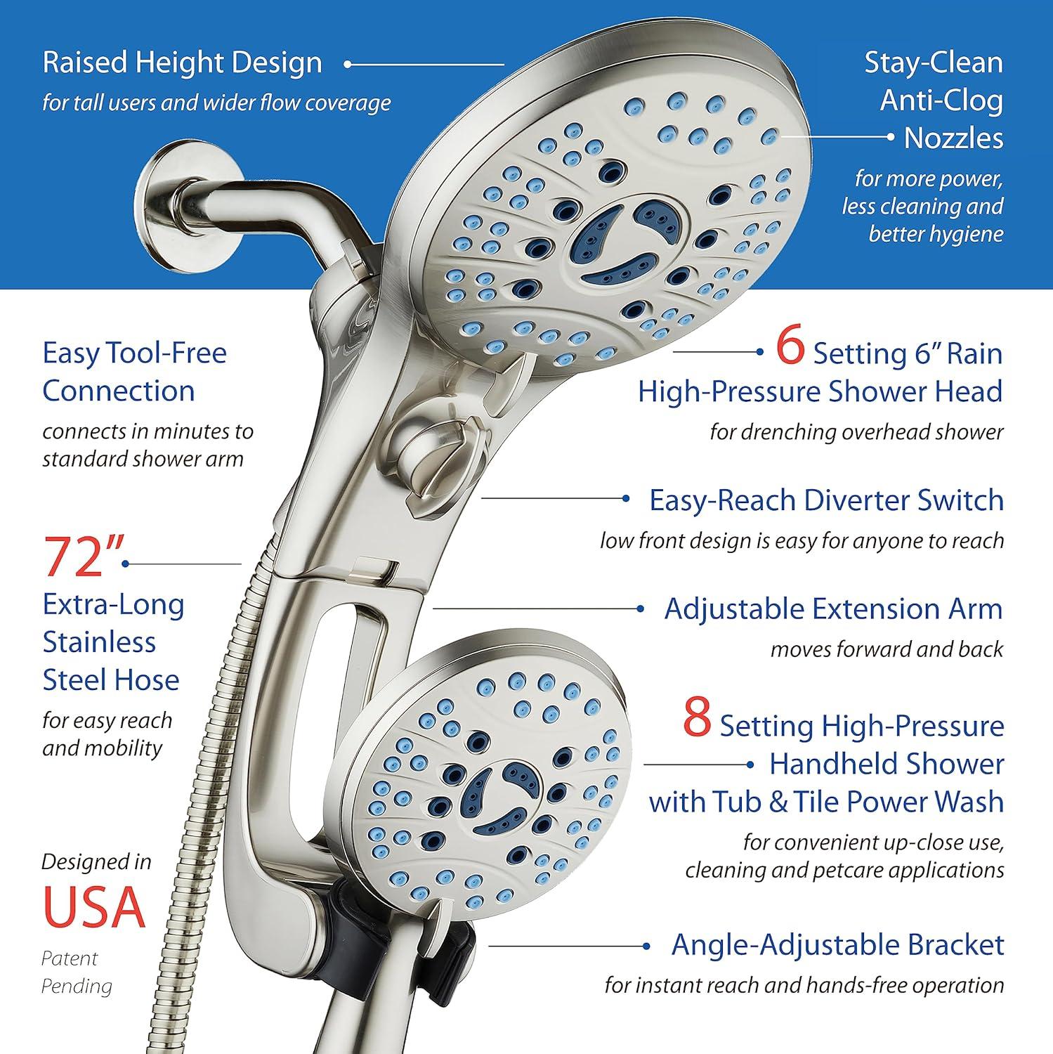 imageHotel Spa AquaCare AsSeenOnTV High Pressure HandheldRain 50mode 3way Shower Head Combo with Adjustable Arm  Anticlog Nozzles Tub ampamp Pet Power Wash 6 ft Hose All Chrome FinishSatin Nickel