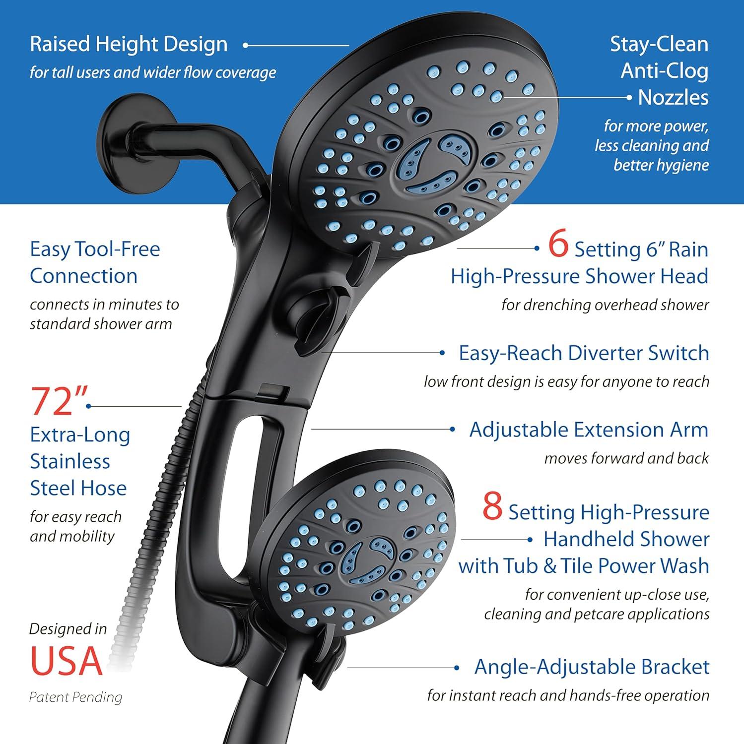 imageHotel Spa AquaCare AsSeenOnTV High Pressure HandheldRain 50mode 3way Shower Head Combo with Adjustable Arm  Anticlog Nozzles Tub ampamp Pet Power Wash 6 ft Hose All Chrome FinishMatte Black