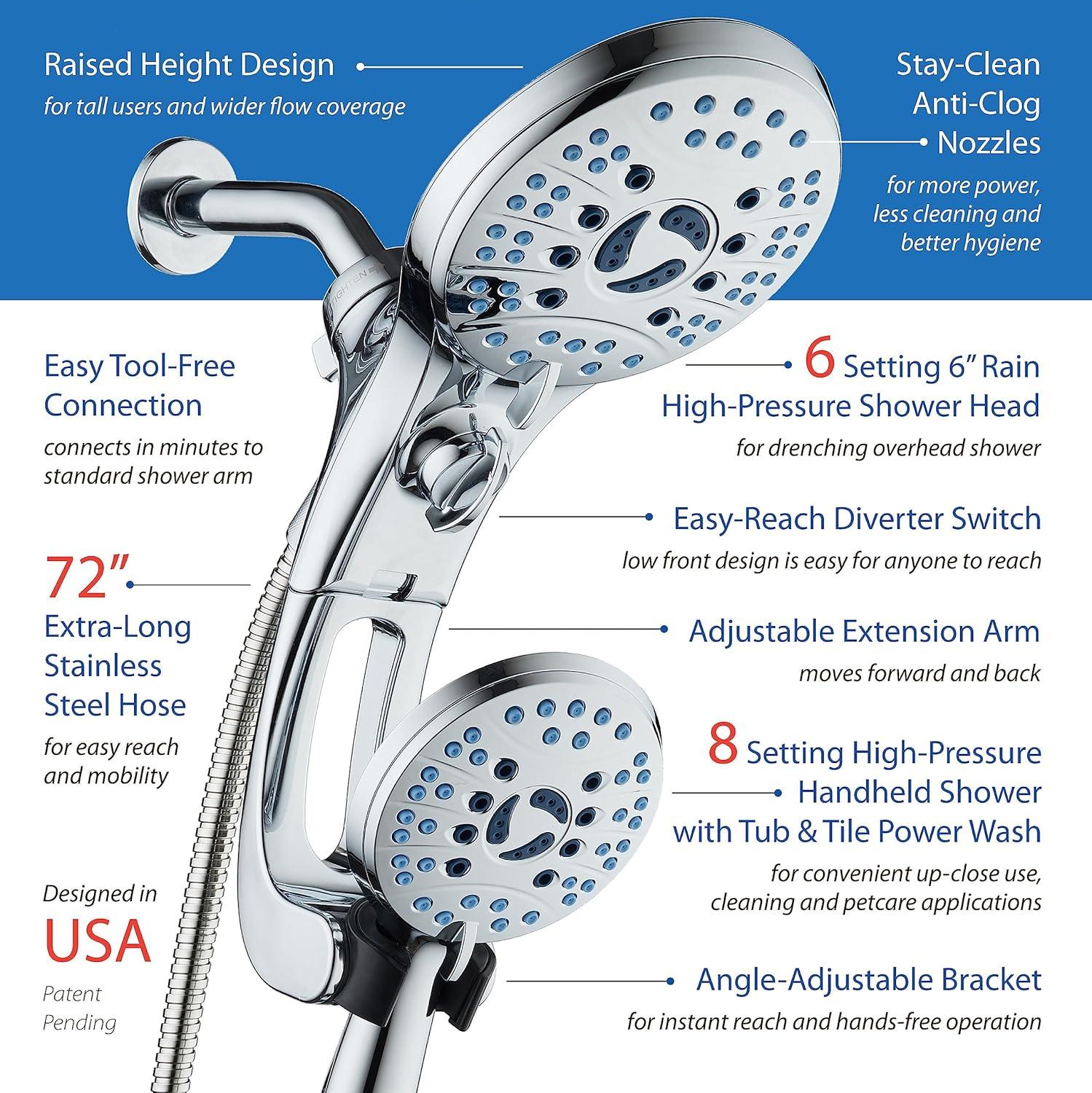 imageHotel Spa AquaCare AsSeenOnTV High Pressure HandheldRain 50mode 3way Shower Head Combo with Adjustable Arm  Anticlog Nozzles Tub ampamp Pet Power Wash 6 ft Hose All Chrome FinishAllChrome