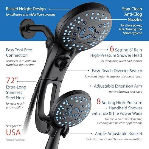 imageHotel Spa AquaCare AsSeenOnTV High Pressure HandheldRain 50mode 3way Shower Head Combo with Adjustable Arm  Anticlog Nozzles Tub ampamp Pet Power Wash 6 ft Hose All Chrome FinishMatte Black