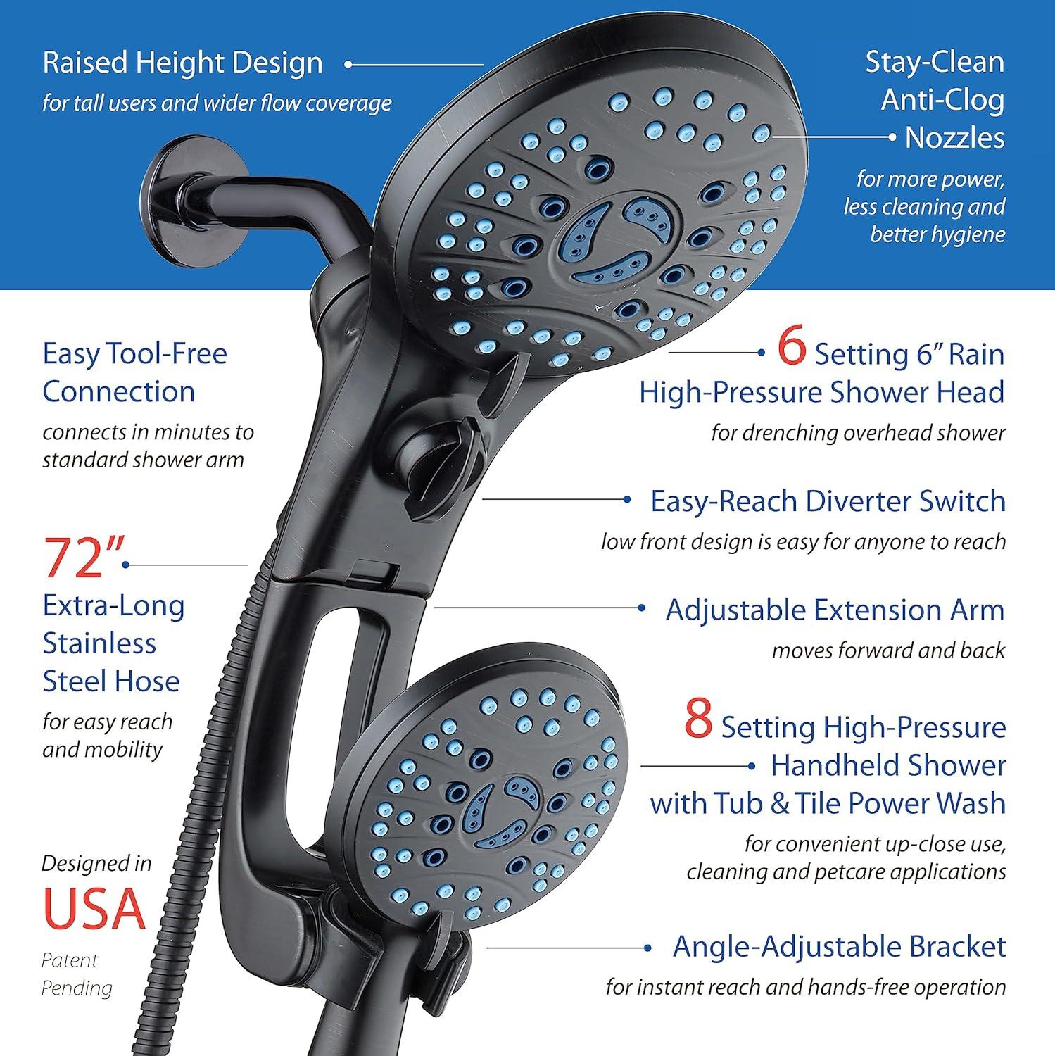 imageHotel Spa AquaCare AsSeenOnTV High Pressure HandheldRain 50mode 3way Shower Head Combo with Adjustable Arm  Anticlog Nozzles Tub ampamp Pet Power Wash 6 ft Hose All Chrome FinishOil Rubbed Bronze