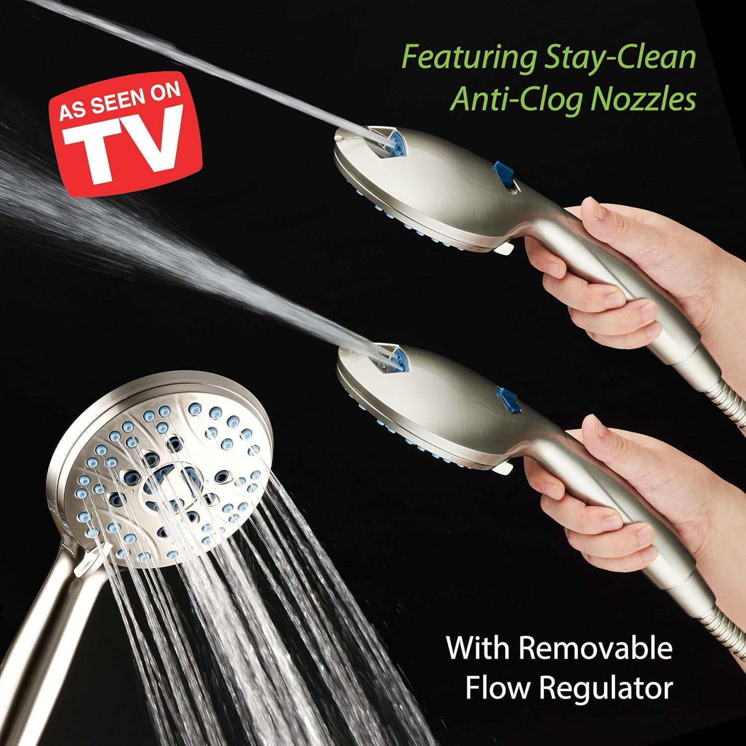 imageHotel Spa AquaCare High Pressure 8mode Handheld Shower Head  Anticlog Nozzles Builtin Power Wash to Clean Tub Tile ampamp Pets Extra Long 6 ft Stainless Steel Hose Wall ampamp Overhead BracketsSatin Nickel