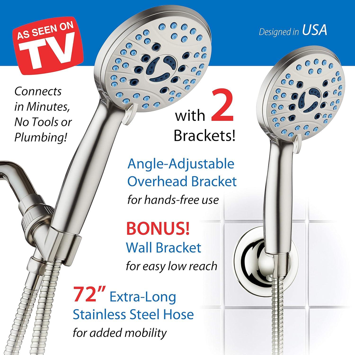 imageHotel Spa AquaCare High Pressure 8mode Handheld Shower Head  Anticlog Nozzles Builtin Power Wash to Clean Tub Tile ampamp Pets Extra Long 6 ft Stainless Steel Hose Wall ampamp Overhead BracketsSatin Nickel