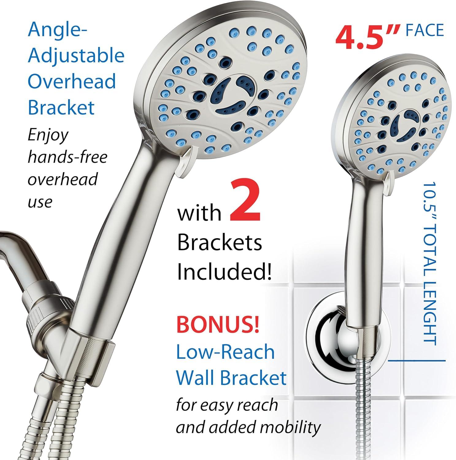 imageHotel Spa AquaCare High Pressure 8mode Handheld Shower Head  Anticlog Nozzles Builtin Power Wash to Clean Tub Tile ampamp Pets Extra Long 6 ft Stainless Steel Hose Wall ampamp Overhead BracketsSatin Nickel
