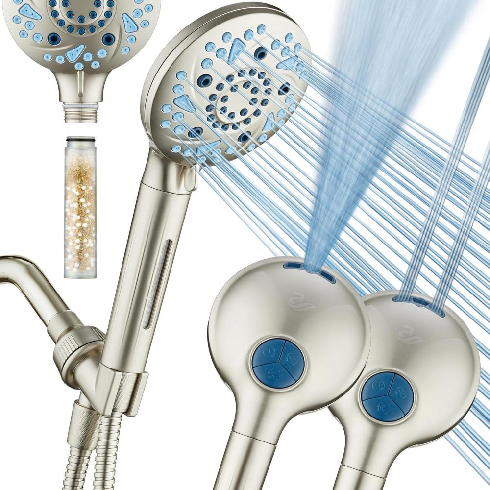 imageAquaCare High Pressure 10 Spray Mode Filtered Showerhead  Handheld Shower Head Filters Chlorine to Heal Dry Skin Revive Hair  Dual Power Wash Cleans Tub Tile Pets  Hard Water Softener BlackSatin Nickel