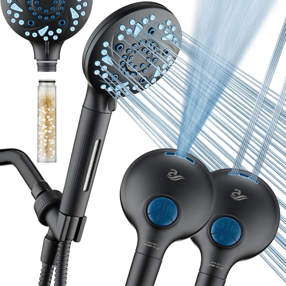 imageAquaCare High Pressure 10 Spray Mode Filtered Showerhead  Handheld Shower Head Filters Chlorine to Heal Dry Skin Revive Hair  Dual Power Wash Cleans Tub Tile Pets  Hard Water Softener BlackMatte Black