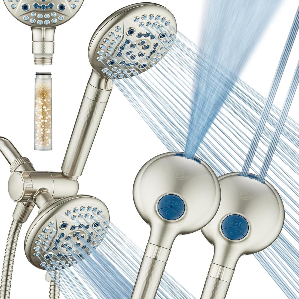 imageAquaCare High Pressure 6way Dual Shower Head Combo with Builtin Filter ampamp Power Wash  Clean Tub Tile ampamp Pets Remove Chlorine Lead ampamp Toxins from Water to Protect Skin Hair ampamp Nails Nickel FinishNickel